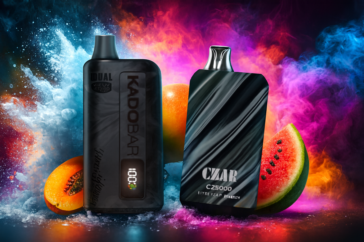 The photo features two sleek vape devices set against a vibrant, multicolored background with swirling smoke. On the left, the &ldquo;KADOBAR DUAL&rdquo; displays a digital screen showing full battery, while on the right, the &ldquo;CZAR C25000&rdquo; carries bold branding and stylized text. Surrounding them are slices of peach and watermelon, emphasizing fruity flavors, and the overall composition radiates energy and modern appeal, making it visually striking and promotional in tone.