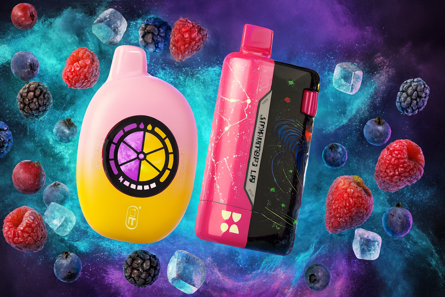 The photo shows two colorful vape devices set against a cosmic-inspired background filled with floating berries and ice cubes. On the left is an oval-shaped device with a pink and yellow gradient, featuring a circular design that resembles a citrus slice. On the right is a rectangular device with a pink and black abstract pattern and a metallic label reading &ldquo;SMARTDROP LP.&rdquo; The swirling blue and purple hues in the backdrop, combined with the fruits and ice, create a futuristic and vibrant atmosphere that highlights the fruity and refreshing flavors associated with the products.
