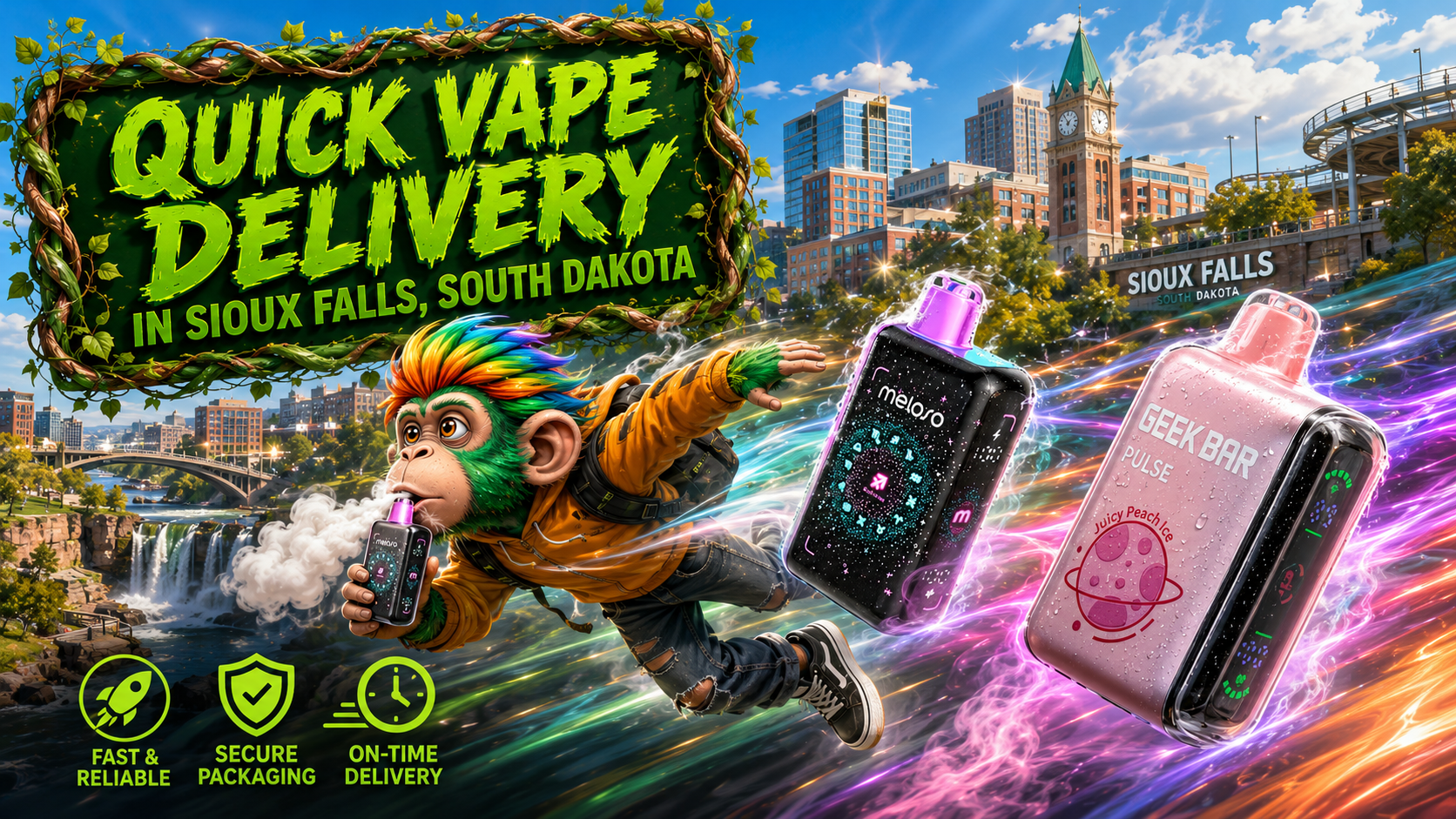 Quick Vape Delivery in Sioux Falls, South Dakota | Fast Shipping by Vapor Puffs A vibrant promotional banner featuring fast vape delivery in Sioux Falls, South Dakota. The image showcases two premium disposable vapes surrounded by colorful energy trails and water droplets as they speed across the city skyline. A flying cartoon mascot holds a vape device while iconic Sioux Falls landmarks, including Falls Park and the downtown skyline, create the background. The bold green headline highlights quick vape delivery, complemented by icons representing fast and reliable service, secure packaging, and on-time shipping.
