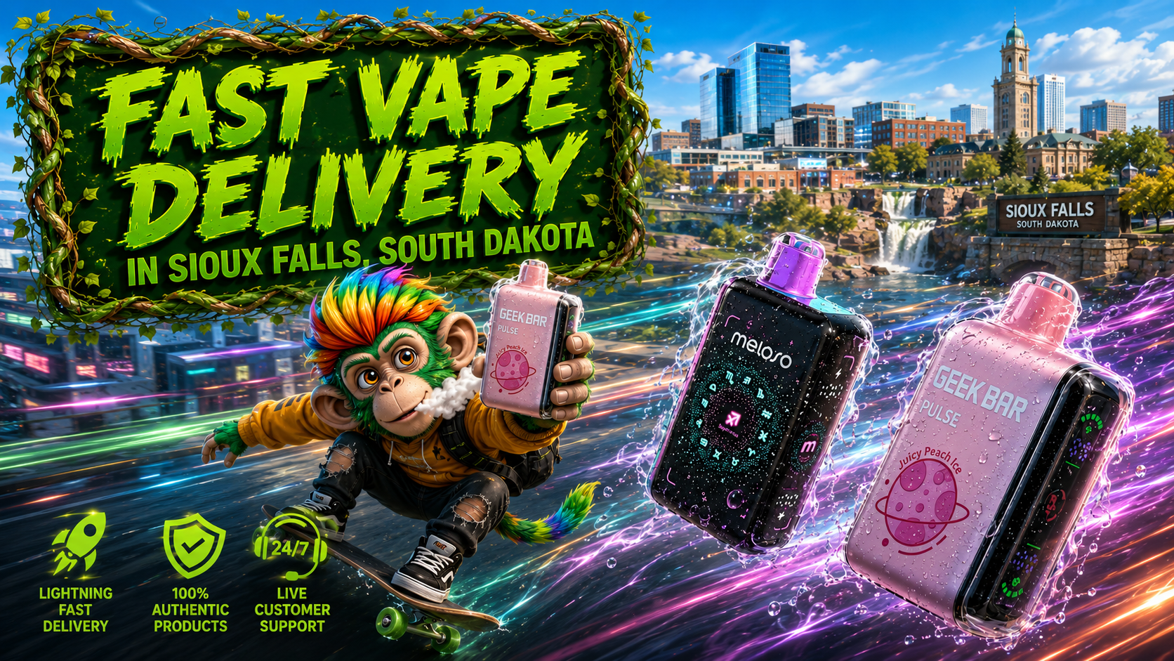 Fast Vape Delivery in Sioux Falls, South Dakota | Premium Disposable Vapes A colorful promotional banner for fast vape delivery in Sioux Falls, South Dakota, featuring premium Geek Bar Pulse and Meloso disposable vapes with realistic water droplets and glowing energy trails. A cheerful cartoon mascot rides a skateboard while holding a vape device, adding a fun sense of speed and excitement. The background showcases the iconic Falls Park waterfalls and the Sioux Falls skyline under a bright blue sky. Bold green typography highlights fast vape delivery, while service icons emphasize lightning-fast shipping, authentic products, and 24/7 customer support from Vapor Puffs.