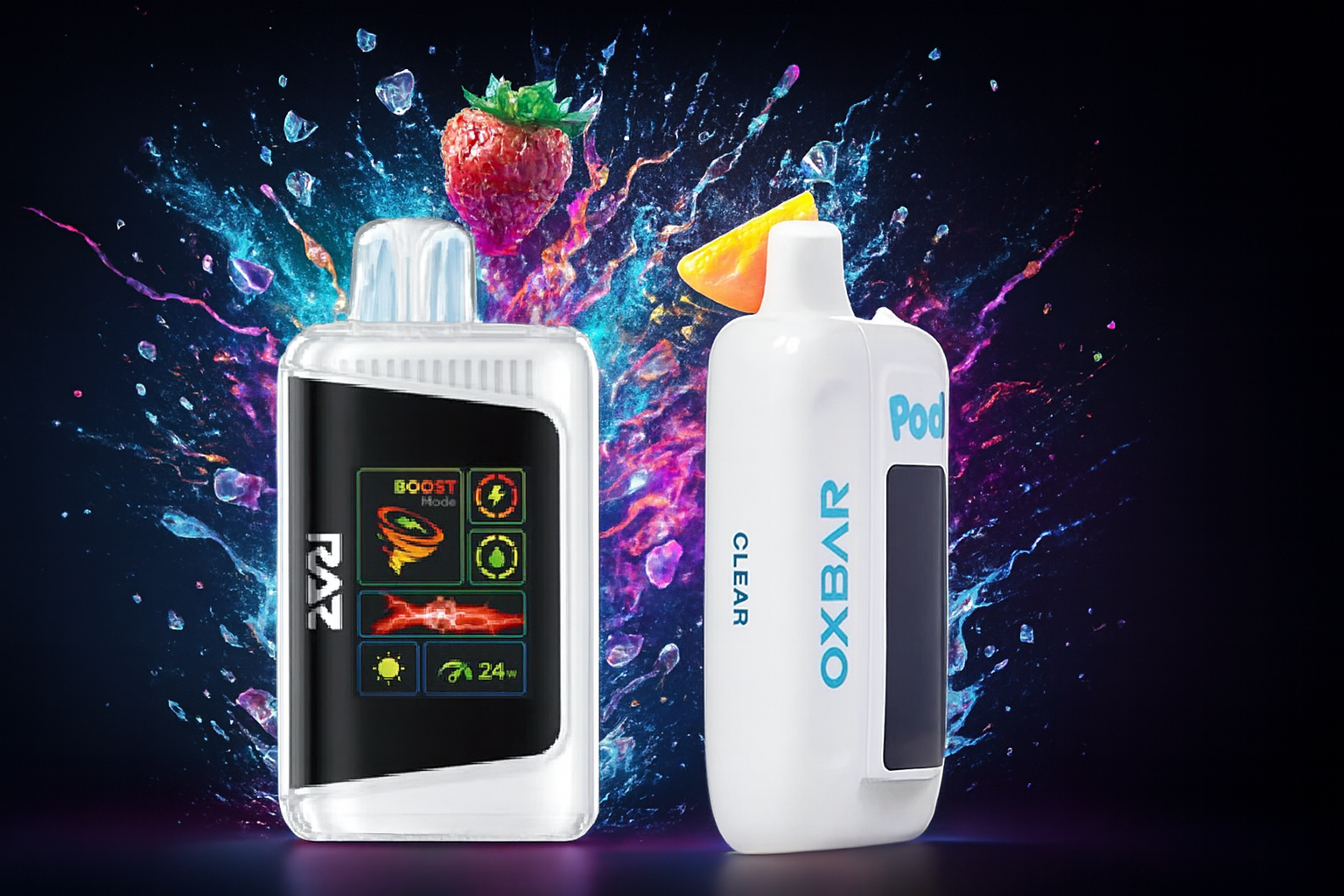The photo shows two vape devices set against a lively, colorful background with splashes of liquid, ice cubes, and a strawberry. On the left is a transparent device labeled “RAZ,” featuring a digital display with icons and the text “BOOST Mode” showing 24W power. On the right is a sleek device marked “OXBAR CLEAR Pod,” topped with a yellow-orange mouthpiece. The vibrant backdrop emphasizes fruity flavors and a refreshing vibe, highlighting the products’ modern design and cool sensation.