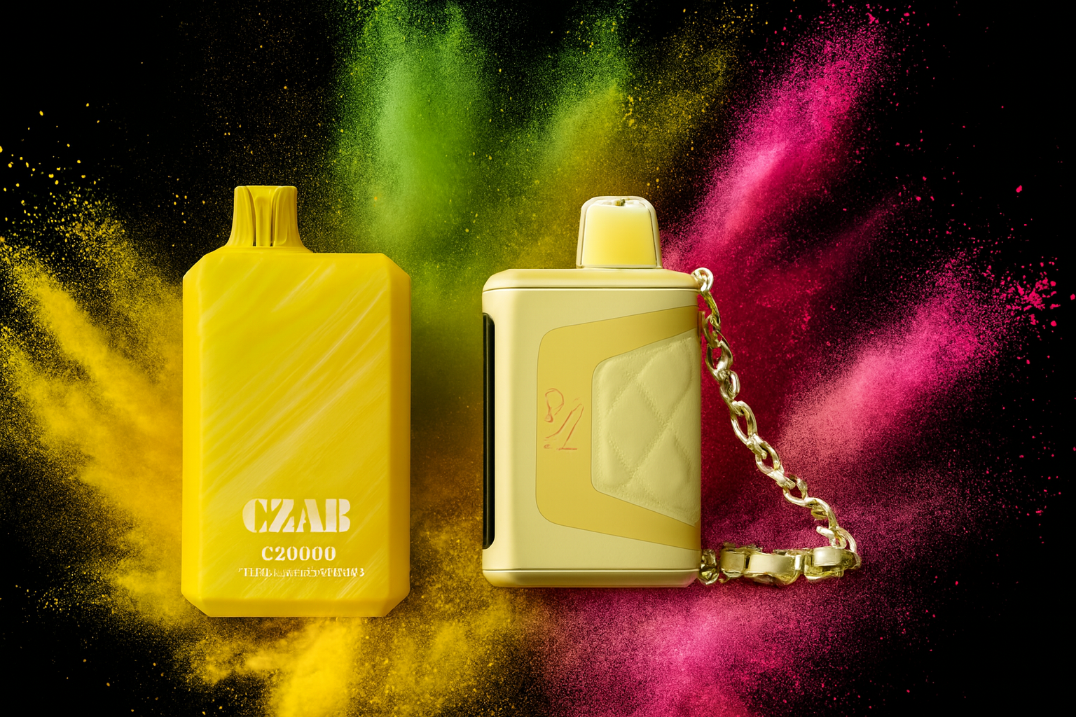 The photo shows two bright yellow vape devices set against a vivid background of colored powder bursts in shades of yellow, green, and pink. The device on the left is rectangular with a smooth surface and the text &ldquo;CZAB C20000&rdquo; printed on it, while the device on the right has a more intricate design featuring a quilted texture, a metallic chain, and a mouthpiece. The bold colors and dynamic composition create a striking, energetic atmosphere that highlights the modern and stylish look of the products.