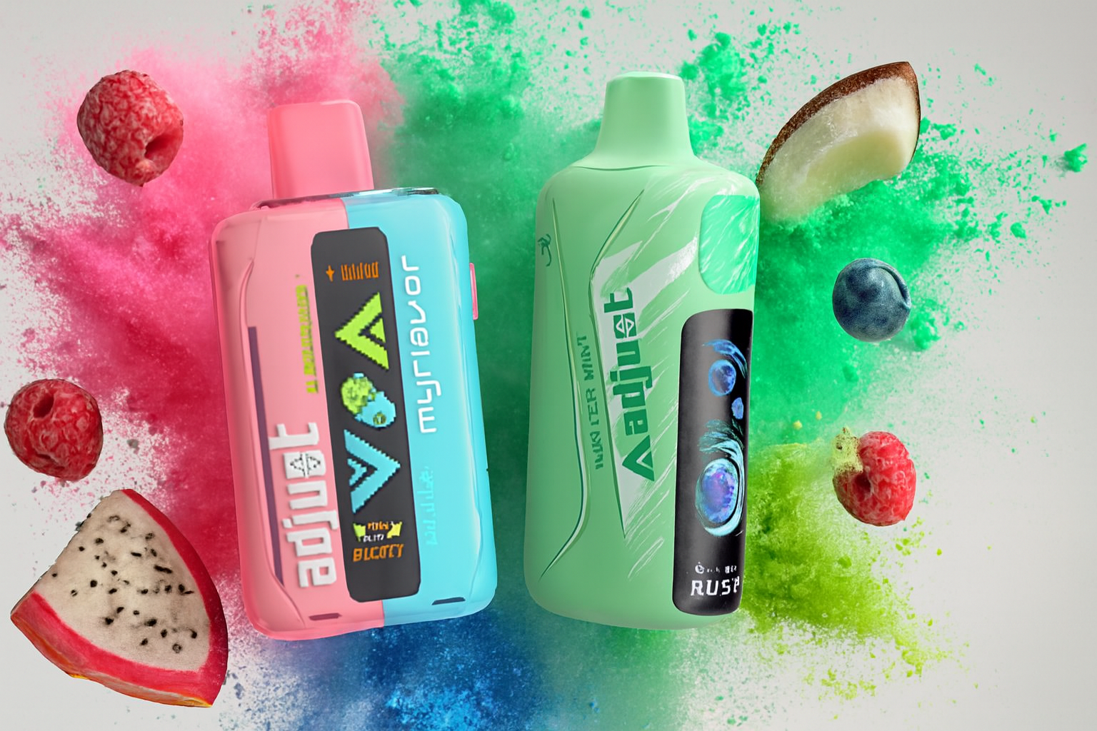 The photo shows two colorful vape devices surrounded by vibrant fruits and powder splashes. On the left is a pink and blue device labeled &ldquo;VOZOL myflavor&rdquo; with the flavor &ldquo;Mixed Fruit BLOODY,&rdquo; while the right device is mint green, marked &ldquo;Adijust&rdquo; with the flavor &ldquo;WINTER MINT RUSH.&rdquo; Around them are raspberries, blueberries, a slice of dragon fruit, and a piece of coconut, all set against dynamic bursts of pink, green, and blue powder, creating a lively scene that emphasizes fruity and minty flavor profiles.