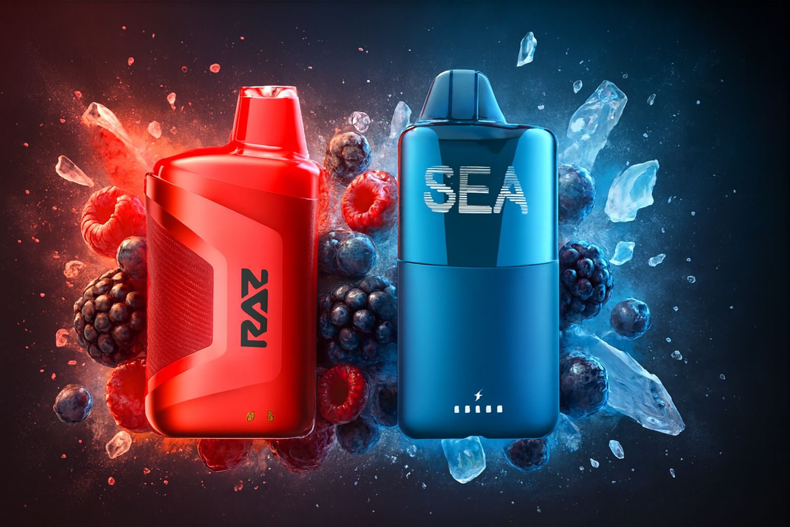 The photo shows two sleek vape devices placed side by side against a vibrant backdrop of berries and ice. The device on the left is red with the label “RAZ” and a modern minimalist design featuring small icons at the bottom. The device on the right is blue, marked “SEA,” with five small white indicators near the base, likely representing battery levels. Surrounding them are raspberries, blackberries, blueberries, and shards of ice, creating a dynamic, colorful scene that emphasizes fruity flavors and a refreshing sensation.