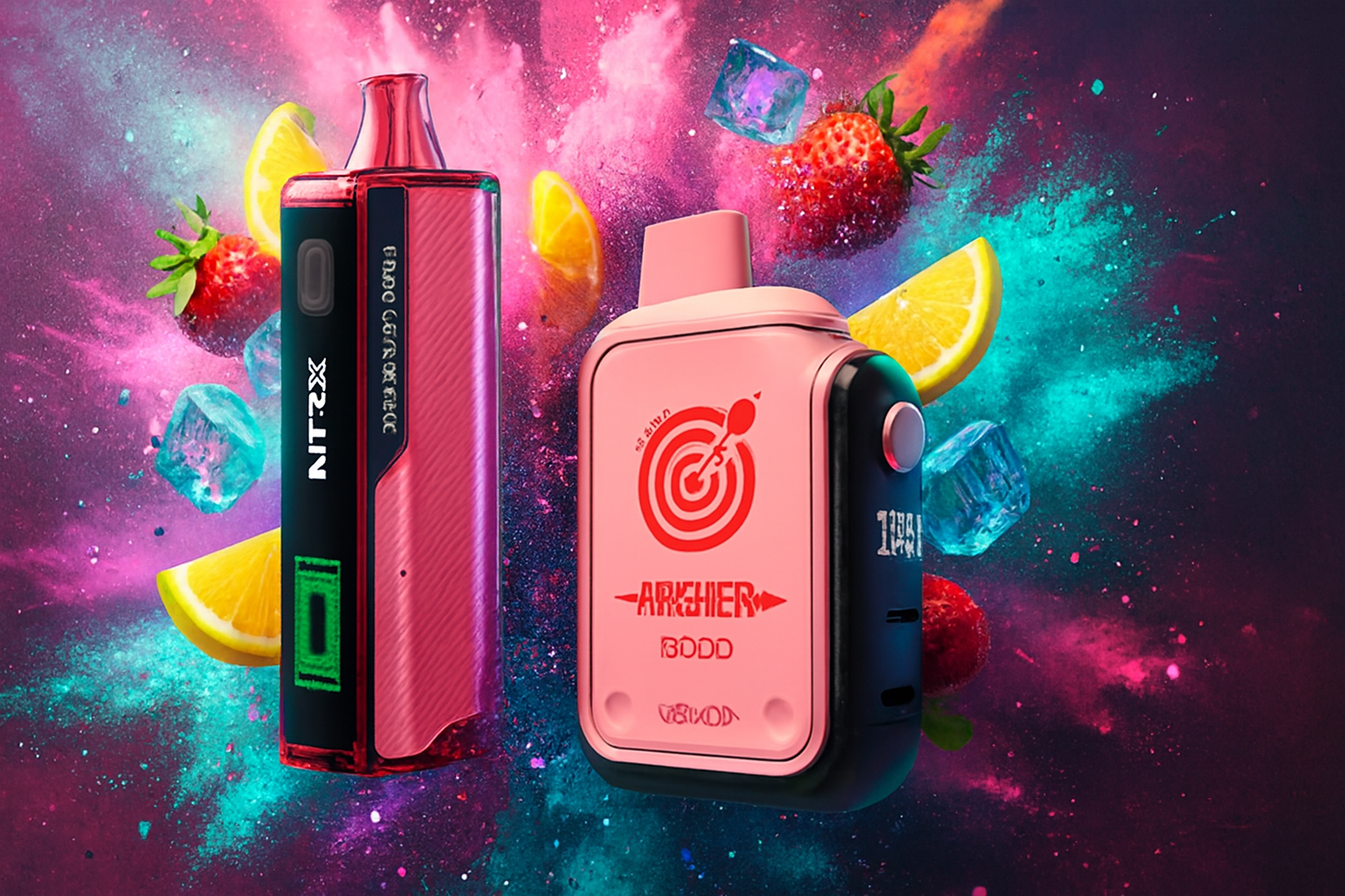 The photo shows two colorful vape devices set against a dynamic, vibrant background filled with splashes of bright pink, blue, and teal. The device on the left is labeled &ldquo;NTRX&rdquo; and features a pink and black design with a green digital display, while the device on the right is marked &ldquo;ARKHER BODD&rdquo; with a red target logo on its pink and black body. Floating around them are strawberries, orange slices, and ice cubes, reinforcing a fruity and refreshing theme. The lively composition highlights both the bold design and flavor appeal of the products.