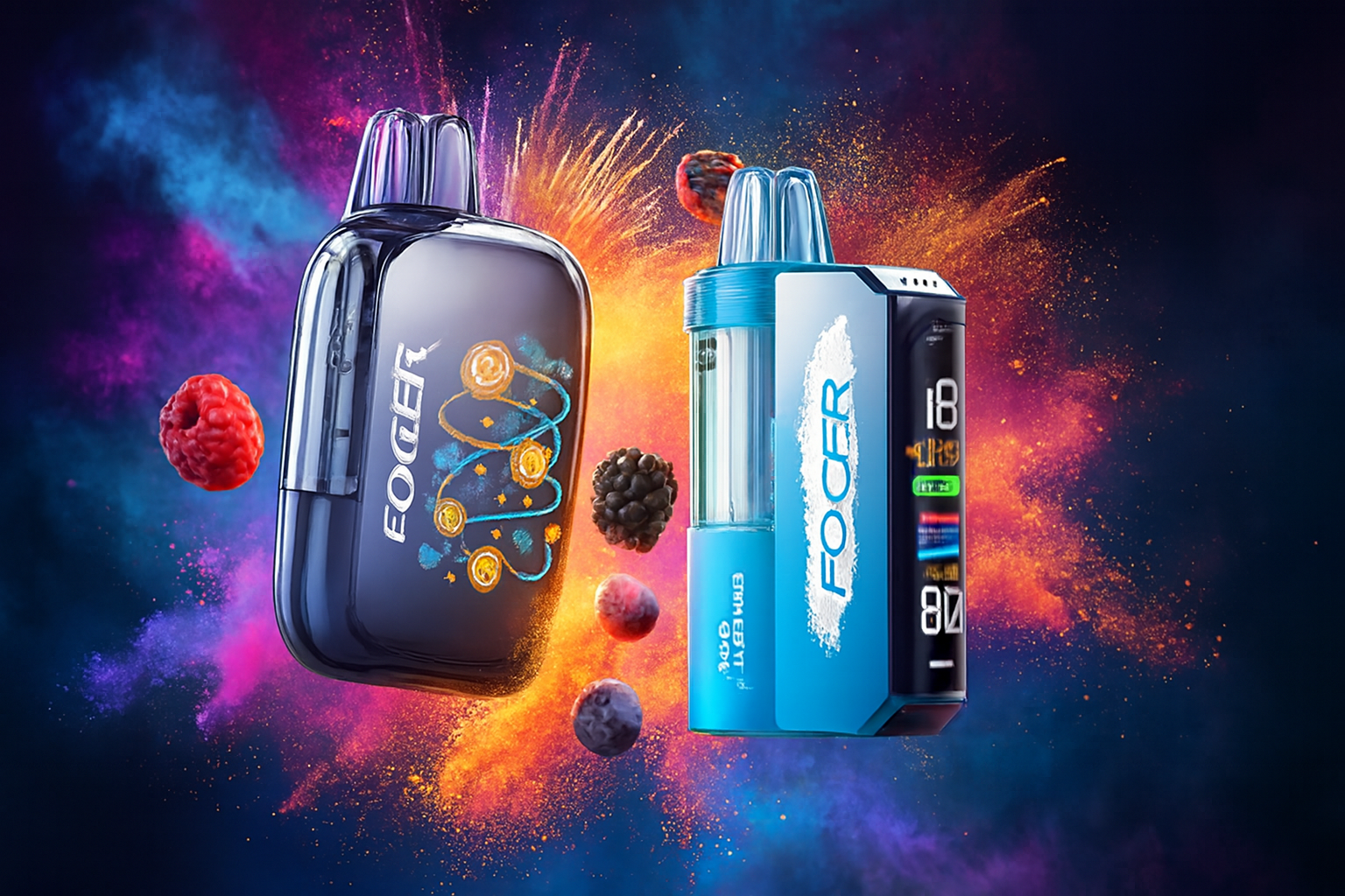 The photo shows two vaping devices branded &ldquo;FOCER&rdquo; set against a vibrant, explosive background of swirling colors in blue, purple, orange, and pink. The device on the left has a dark glossy finish decorated with orange and blue swirl designs, while the one on the right is blue with a digital display showing numbers and colored bars, suggesting usage statistics or settings. Surrounding them are raspberries, blackberries, and blueberries, reinforcing a fruity flavor theme. The dynamic backdrop and modern design highlight both the flavor and technological features of the products.