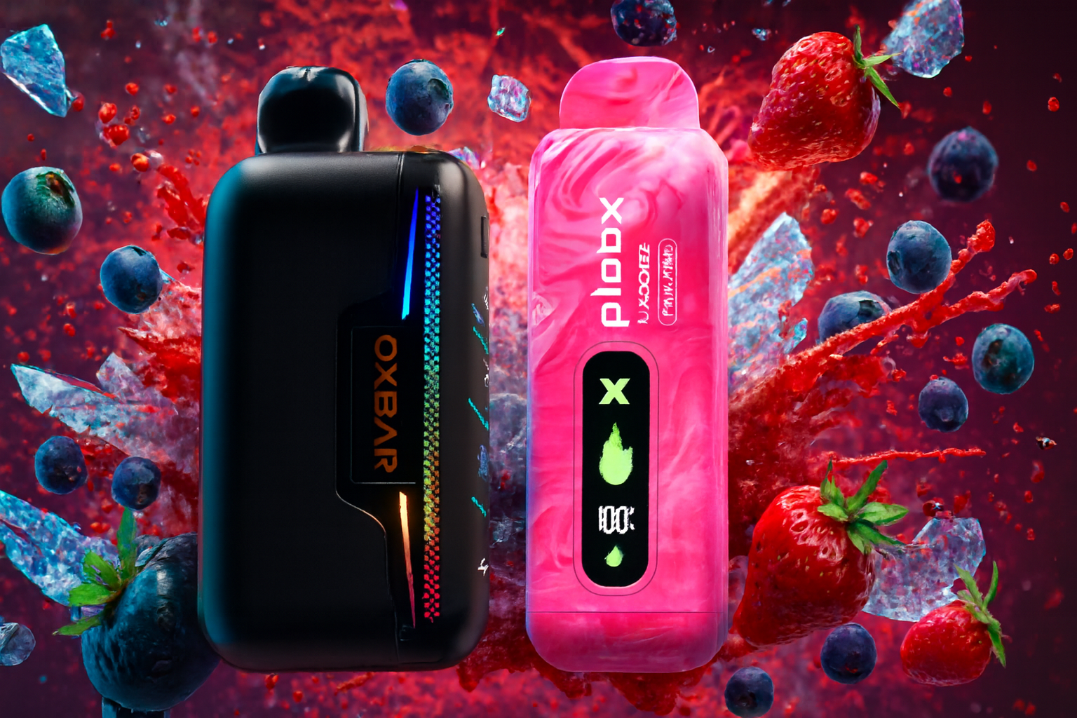 The photo shows two colorful vape devices placed side by side against a vibrant background of splashing fruit and ice. The device on the left is sleek and black with a rainbow-colored strip, labeled &ldquo;OXBAR.&rdquo; The device on the right is bright pink with a swirling pattern, marked &ldquo;plobx&rdquo; and &ldquo;JUCOOLER PINK JAMBO,&rdquo; featuring a display with icons such as a flame, a droplet, and &ldquo;100%.&rdquo; Surrounding them are strawberries, blueberries, and shards of ice, creating a lively, refreshing scene that emphasizes fruity flavors and bold design.