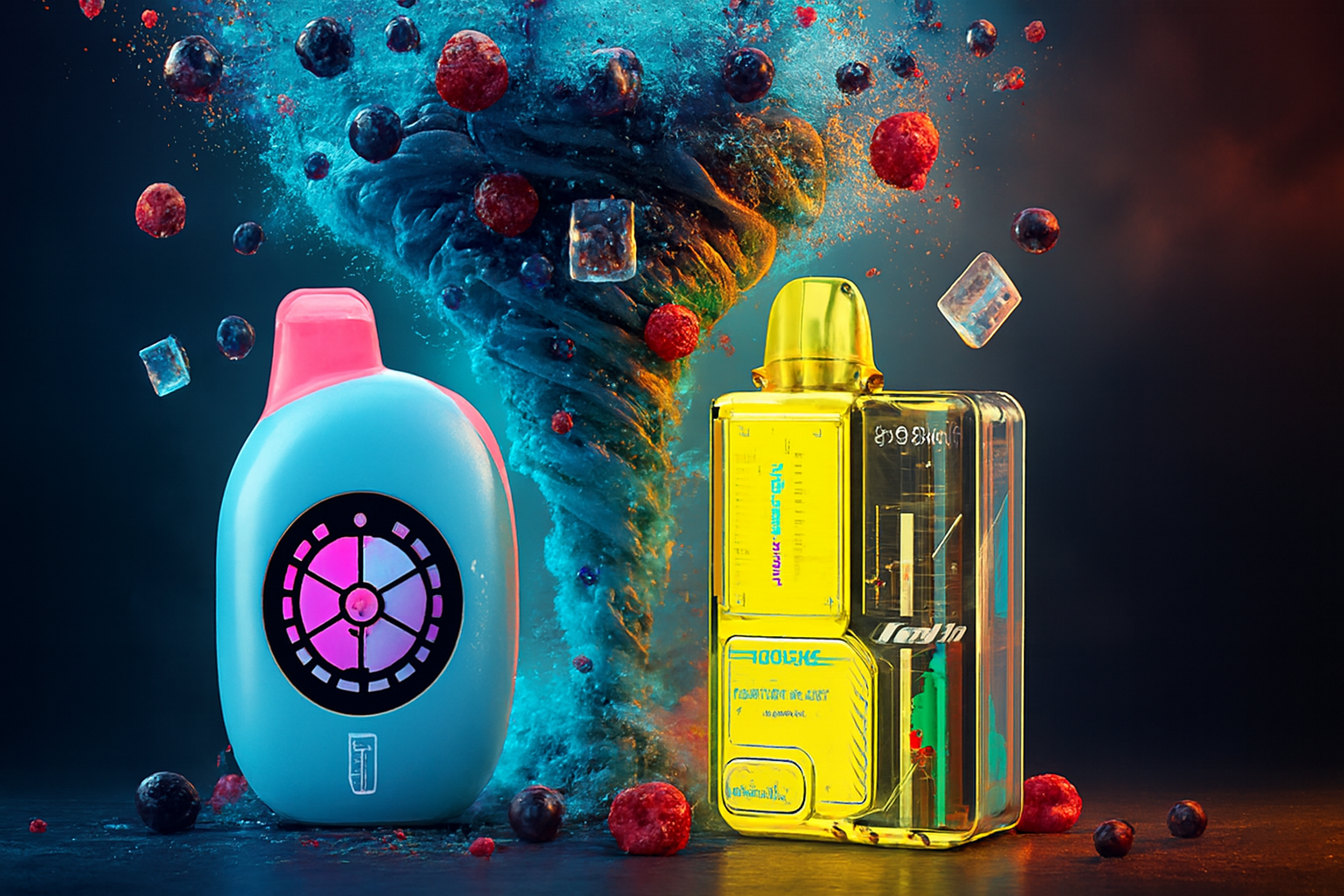 The photo shows two vibrantly colored vape devices placed in front of a dynamic background. The device on the left is light blue with a pink top and features a circular, multicolored design on its front. The device on the right is transparent yellow, revealing internal components and stylized text details. Behind them swirls a vortex of blue and orange hues, surrounded by floating berries and ice cubes, creating a sense of motion and energy. The vivid colors and futuristic design emphasize the modern look and fruity, refreshing theme of the products.