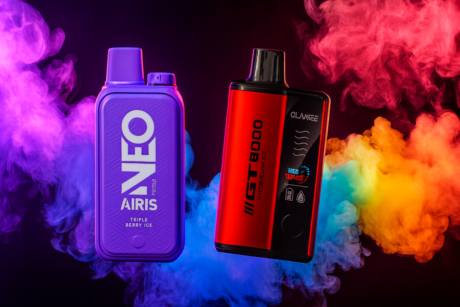 The photo shows two colorful vape devices set against a vibrant background of swirling multicolored smoke. On the left is a purple device labeled &ldquo;NEO AIRIS TRIPLE BERRY ICE,&rdquo; while on the right is a red and black device marked &ldquo;GT 8000 WITH MELON ICE&rdquo; and &ldquo;GLAKEE,&rdquo; with additional text such as &ldquo;FREE TURBO&rdquo; and icons highlighting features like USB-C, Mesh Coil, and Adjustable Airflow. The dynamic backdrop of purple, blue, red, orange, and yellow smoke creates a striking composition that emphasizes both the bold design and the variety of flavors offered.