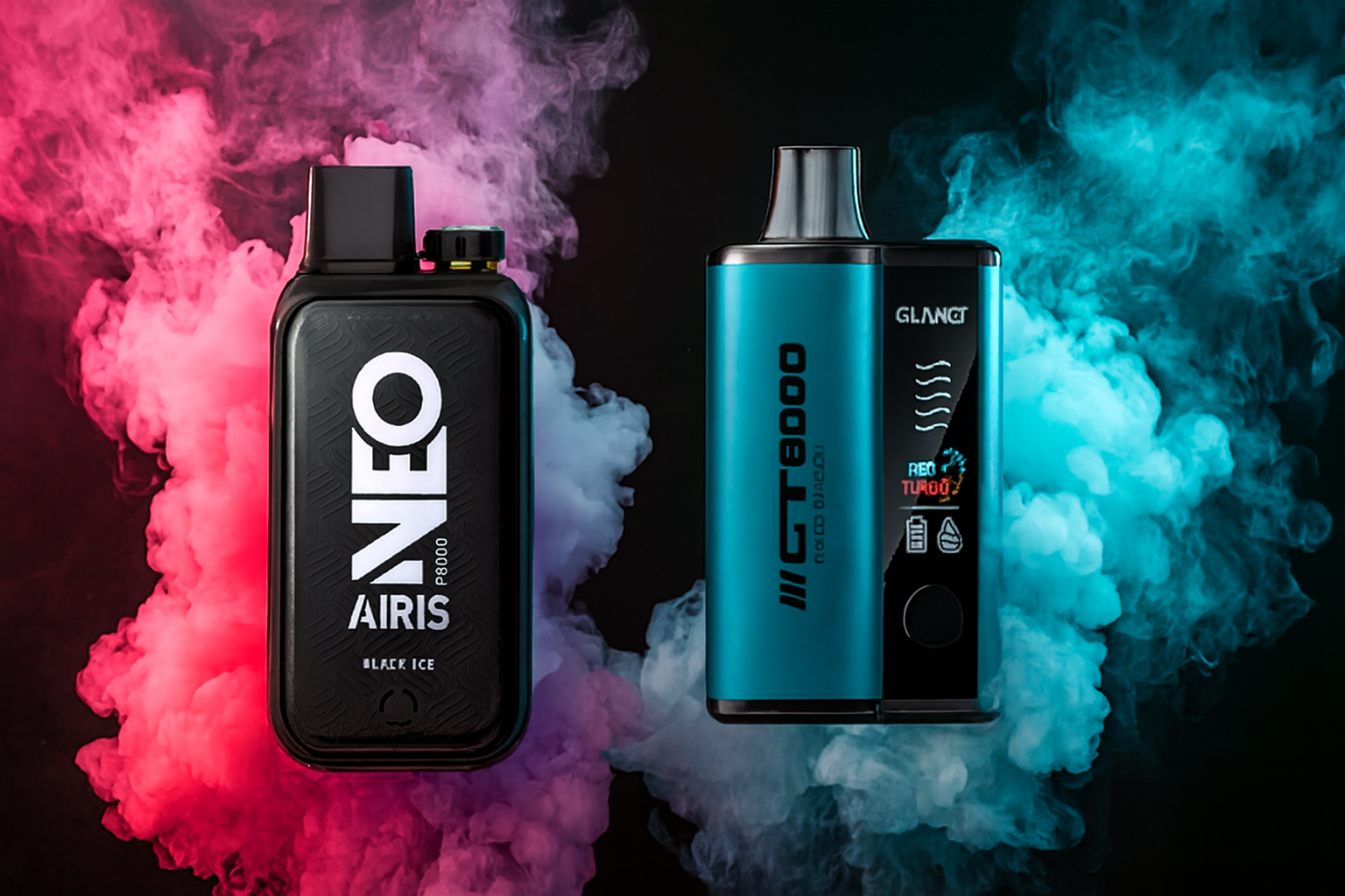 The photo shows two vape devices surrounded by vibrant colored smoke. On the left is a sleek device labeled “NEO AIRIS P8000 BLACK ICE,” set against a backdrop of pink and purple smoke. On the right is another device marked “GT8000” with additional text including “GLANCY” and “REO TURBO,” along with icons indicating battery and other features, placed against blue smoke. The contrasting colors and dramatic composition highlight the modern design and bold branding of the products.