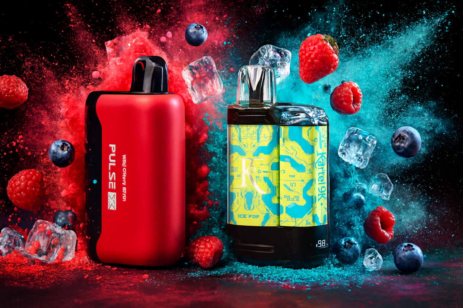 The photo shows two vape devices surrounded by dynamic splashes of color, fruit, and ice cubes. On the left is a red and black device labeled “PULSE” with the flavor “WILD CHERRY BATCH” printed vertically. On the right is a more elaborate design featuring yellow and blue patterns, marked “ICE POP” and “Kartel 9K.” Around them are raspberries, blueberries, and ice cubes, while the background bursts with red and blue powder effects, emphasizing the fruity, refreshing flavors and bold branding of the products.