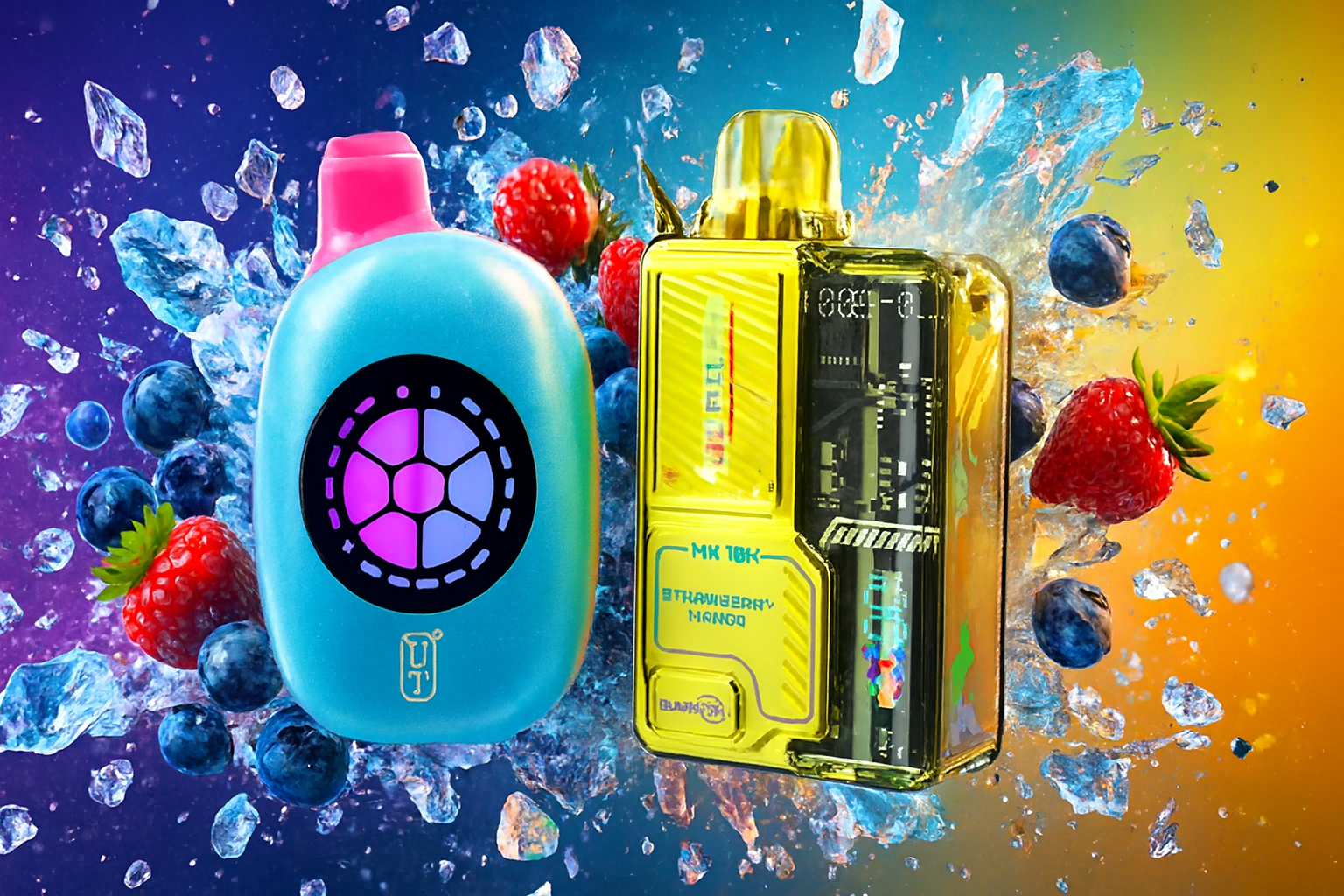 The photo features two vibrant vape devices surrounded by floating fruits and ice cubes. On the left, a blue device with a pink mouthpiece displays a glowing circular design in purple and blue, while on the right, a transparent yellow device labeled "MK 18K" and "STRAWBERRY MANGO" reveals its inner components. The background shifts from cool purple-blue tones to warm yellow-orange, creating a dynamic and colorful atmosphere that emphasizes the fruity, refreshing theme.