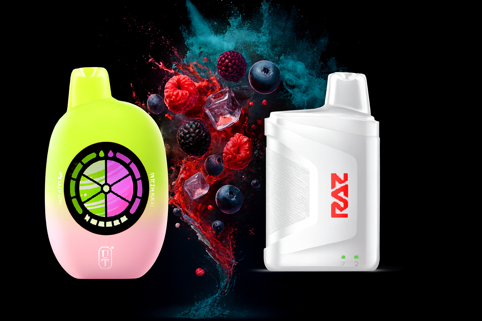 The photo shows two colorful vape devices set against a dark background with a burst of berries and ice cubes in the center. On the left is a gradient device blending yellow and pink, featuring a circular design that resembles stained glass, with the words &ldquo;RAINBOW&rdquo; and &ldquo;WATERMELON&rdquo; visible along the sides. On the right is a sleek white device prominently marked with the red &ldquo;RAZ&rdquo; logo. Surrounding them are raspberries, blackberries, blueberries, and ice shards, while splashes of red and blue add energy to the scene, emphasizing fruity and refreshing flavors.
