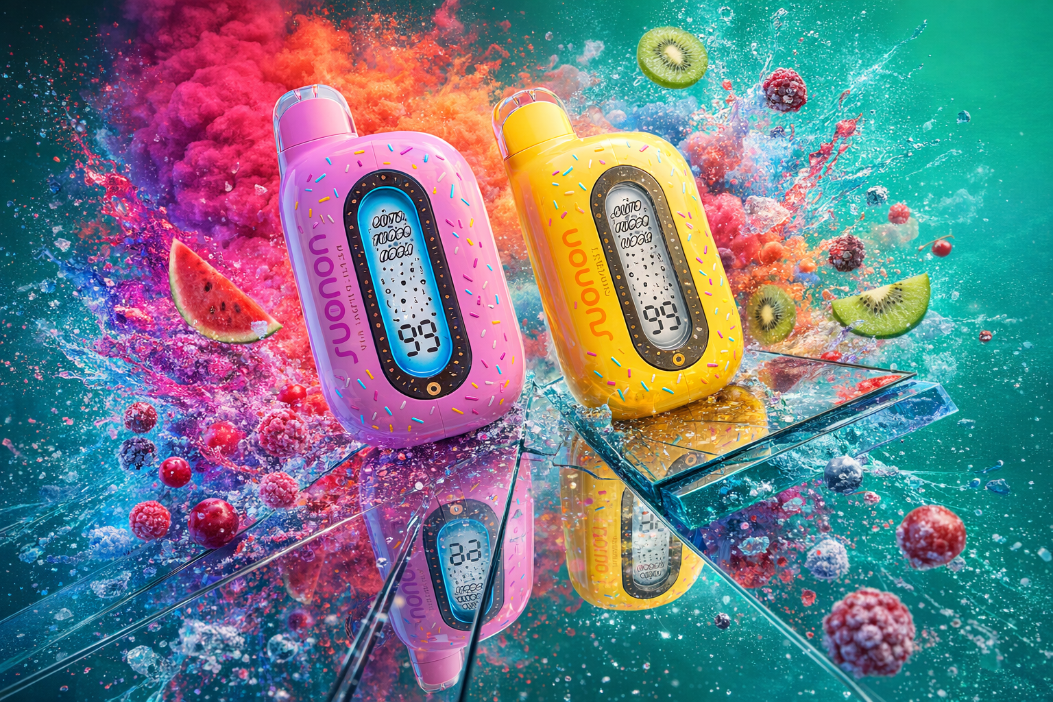 A dynamic, stylized commercial product shot featuring two SWFT brand disposable vape devices (one green and teal, one pink and orange gradient) on a cracked ice-like pedestal. The background is a vibrant teal, with dramatic explosions of red, orange, pink, and blue colored smoke and dynamic water splashes swirling around the devices. Various fresh, ripe fruits like raspberries, watermelons, cherries, kiwi, blackberries, and oranges are suspended in the splashing liquid and smoke, illustrating the device's flavors. The SWFT logo is prominently visible on both devices. The lighting is dramatic and detailed, with a high-key product-focused aesthetic.