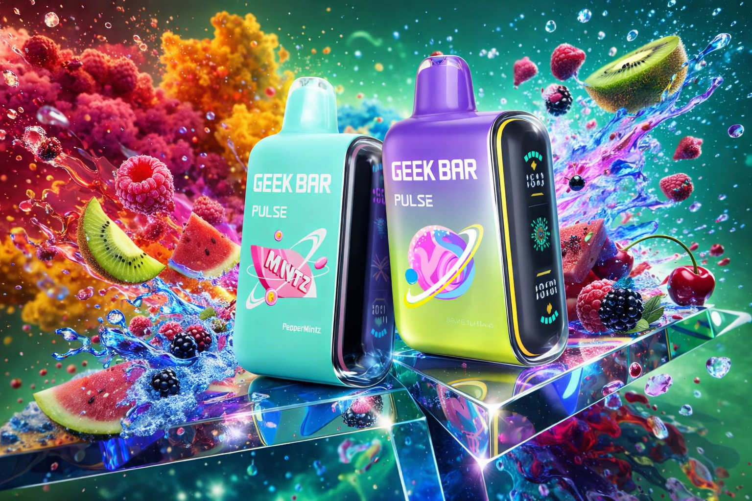 An image of two disposable GEEK BAR Pulse vape devices, one light blue ("PepperMintz") and one gradient purple and yellow. They are resting on geometric glass surfaces amidst an explosion of colorful fruit juices and fresh fruit like raspberries, blackberries, watermelon, and kiwi. The background is a dense cloud of multi-colored smoke.