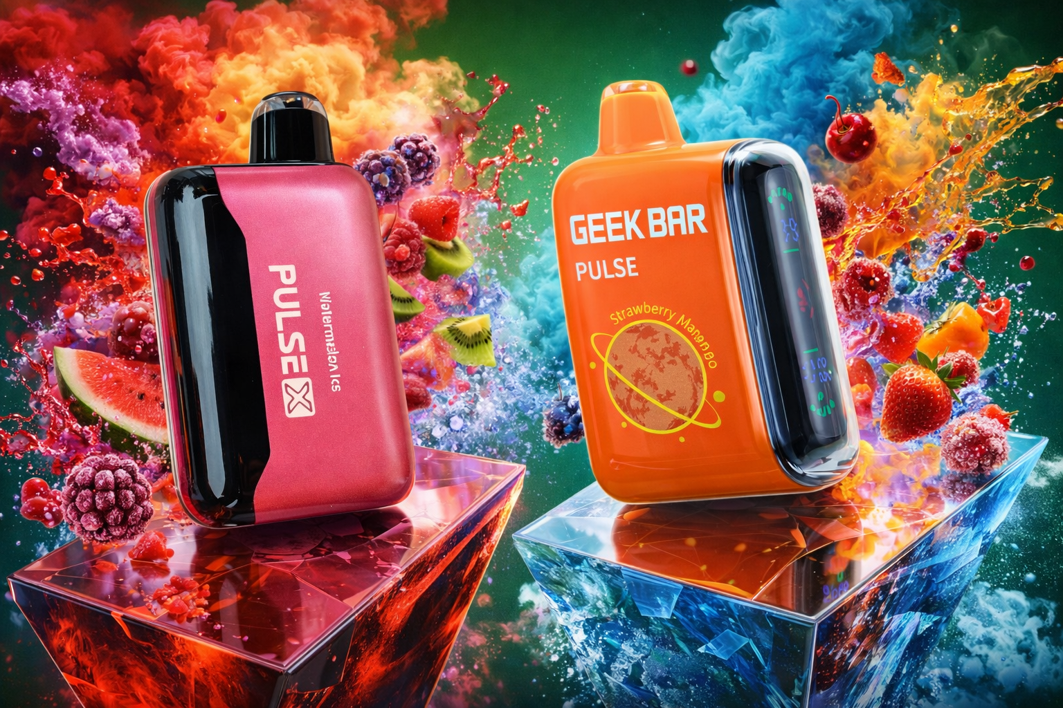 A dynamic close-up image of two GEEK BAR Pulse disposable vape devices. The device on the left is a "Strawberry Watermelon Ice" flavor, with a pink gradient and black top, labeled "PULSE" and "Strawberry Watermelon Ice." It is surrounded by a splash of pink and orange smoke and scattered watermelon slices, raspberries, and strawberries. The device on the right is an orange "Strawberry Mango" flavor, with a blue gradient, labeled "GEEK BAR PULSE," and featuring a small planet graphic with text, "Strawberry Mango." This device is surrounded by a vibrant blue and orange splash of smoke, fresh strawberries, oranges, cherries, raspberries, and kiwi slices. Both vapes rest on geometric crystal platforms that catch the colorful light. The background is a mix of swirling colors and fresh fruit elements.