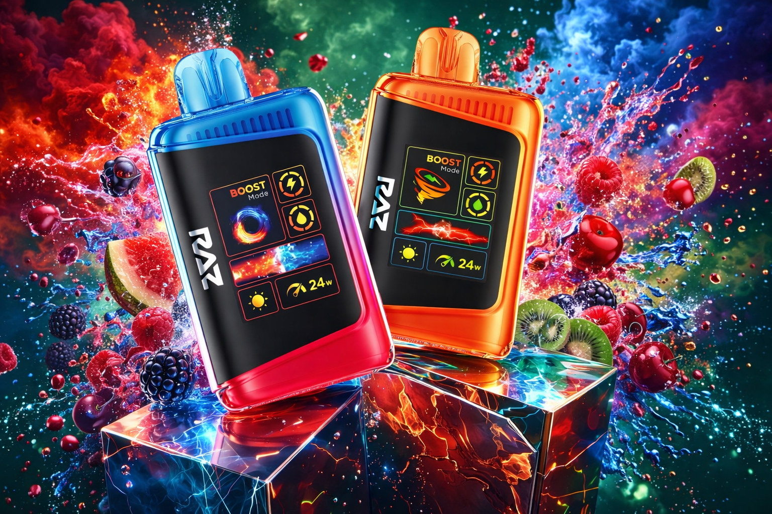 A vibrant, explosive product photograph featuring two RAZ brand vape devices. On the left, a device with a blue and red translucent casing represents Watermelon Dragonfruit, with watermelon slices and various mixed berries (raspberries, blackberries, cherries) in the background. Its digital screen shows detailed battery and wattage info. On the right, a translucent orange device represents Strawberry Kiwi, surrounded by kiwi slices, raspberries, and cherries. Its screen displays a "Boost Mode" spiral and info. Both devices rest on a cracked glass podium that glows with electric blue and fiery orange energy. The background is a dramatic swirl of colorful smoke (red, blue, green), sparkling juice splashes, and flying fruit. The overall style is dynamic and hyper-detailed, with text like "RAZ," "BOOST Mode," and "24W" clearly visible.