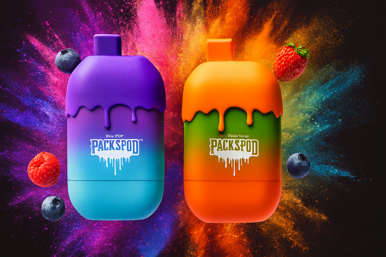 The photo shows two brightly colored PACKSPOD vape devices set against a dynamic, paint-splattered background. The left device, labeled &ldquo;Blow POP,&rdquo; fades from purple to blue with a dripping paint design, while the right, &ldquo;Berry Blasted Mango,&rdquo; shifts from orange to green in the same style. Surrounding them are fresh berries&mdash;blueberries, raspberries, and strawberries&mdash;highlighting the fruity flavors, and the overall composition bursts with energy and bold color, giving it a strong promotional appeal.