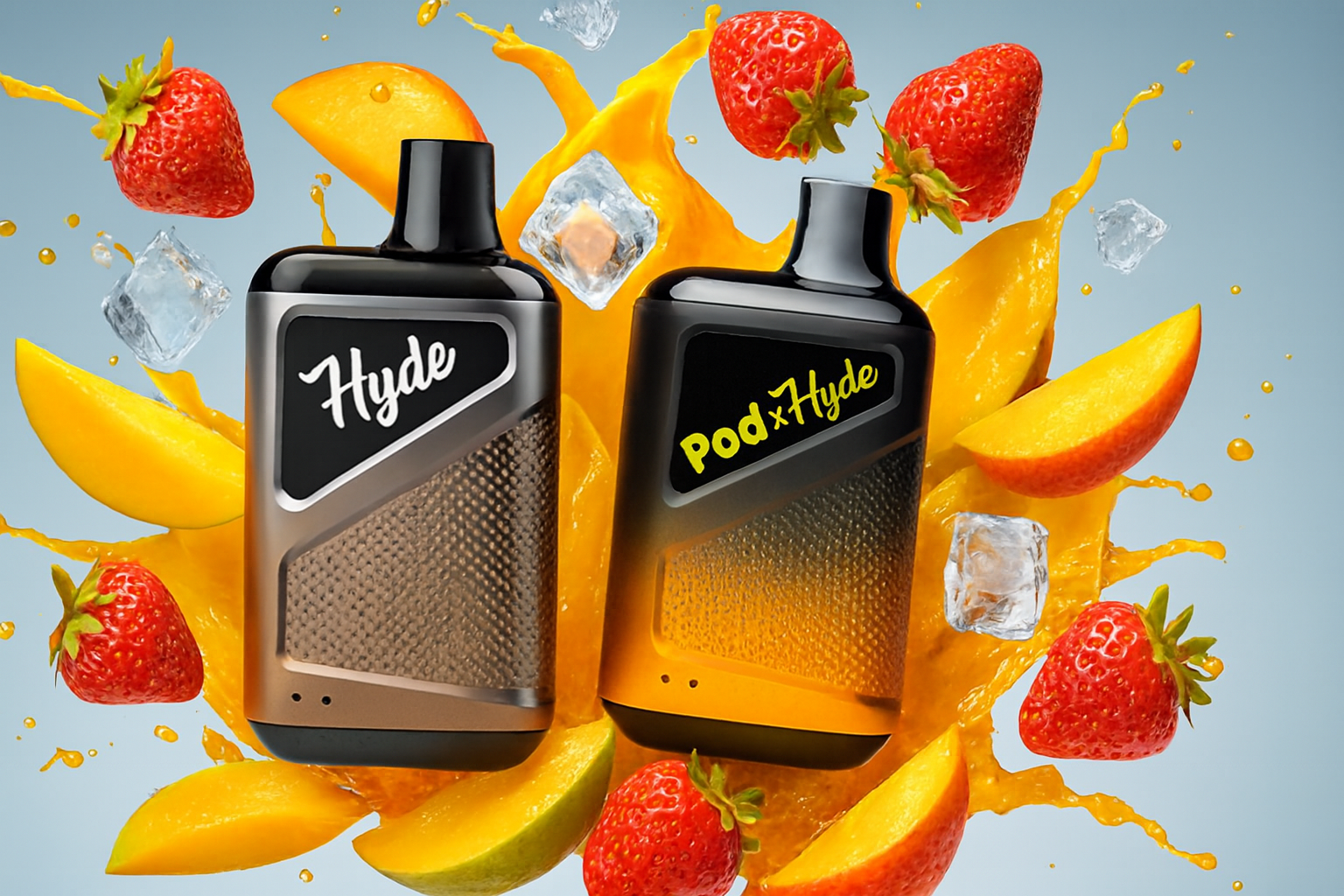 The photo shows two sleek vape devices branded &ldquo;Hyde&rdquo; and &ldquo;Pod x Hyde,&rdquo; placed against a vibrant backdrop of splashing mango juice, strawberries, mango slices, and ice cubes. Both devices feature a modern design with textured grips and black mouthpieces, with the left one labeled &ldquo;Hyde&rdquo; in white script and the right marked &ldquo;Pod x Hyde&rdquo; in yellow text. The dynamic composition of fruits, juice, and ice highlights a fruity, refreshing flavor theme, making the scene visually striking and energetic.