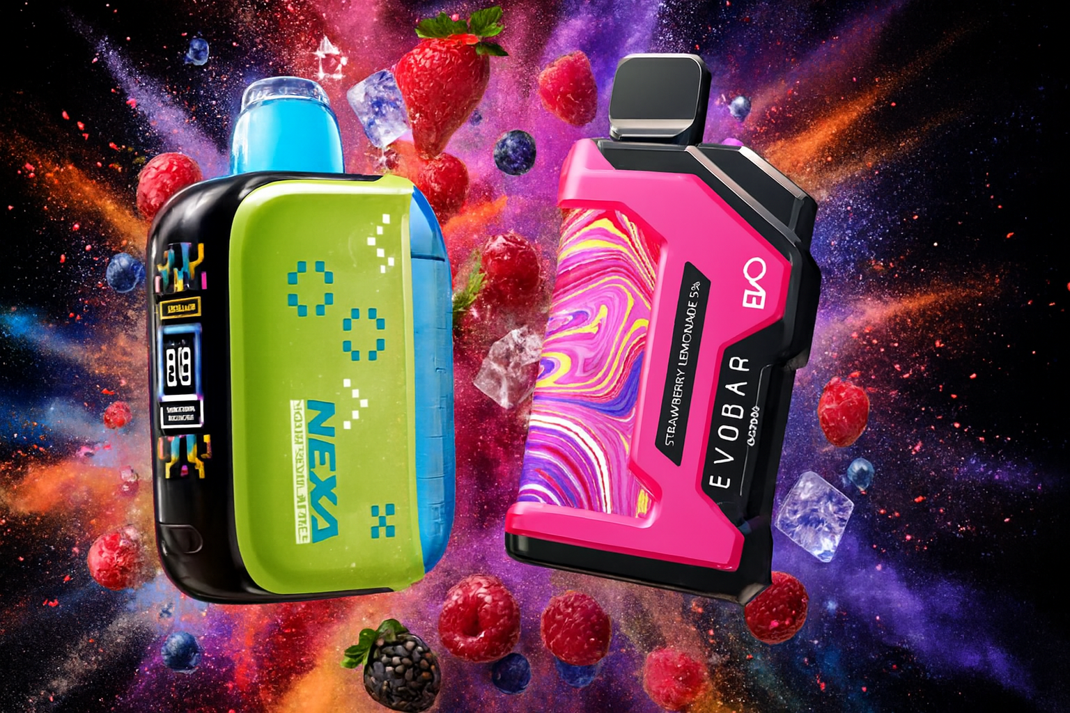 The photo shows two colorful vape devices set against a vibrant, cosmic-themed background filled with fruit, ice cubes, and bursts of color. The device on the left is green and black with a digital display, labeled &ldquo;NEXA&rdquo; and &ldquo;SOUR BLUE RAZZ 8000 PUFFS&rdquo; along with &ldquo;ADJUSTABLE AIRFLOW.&rdquo; The device on the right is bright pink with a multicolored design, marked &ldquo;EVOBAR&rdquo; and &ldquo;STRAWBERRY LEMONADE 5%,&rdquo; also noting &ldquo;6000 PUFFS.&rdquo; Surrounding them are strawberries, raspberries, blueberries, blackberries, and ice cubes, creating a lively, fruity, and refreshing atmosphere that emphasizes bold flavors and modern design.