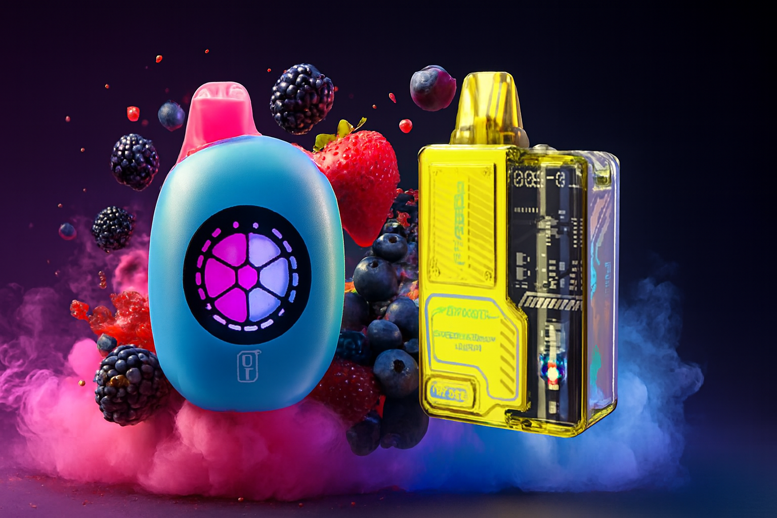The photo shows two colorful vape devices set against a vibrant backdrop of berries and swirling colored smoke. The device on the left is blue with a pink mouthpiece and features a circular illuminated design in the center, resembling a segmented light display. The device on the right is transparent yellow with visible internal circuitry and a matching yellow mouthpiece. Surrounding them are strawberries, blueberries, and blackberries, while the smoky background adds a dramatic effect, emphasizing the fruity flavors and modern, eye-catching design of the products.