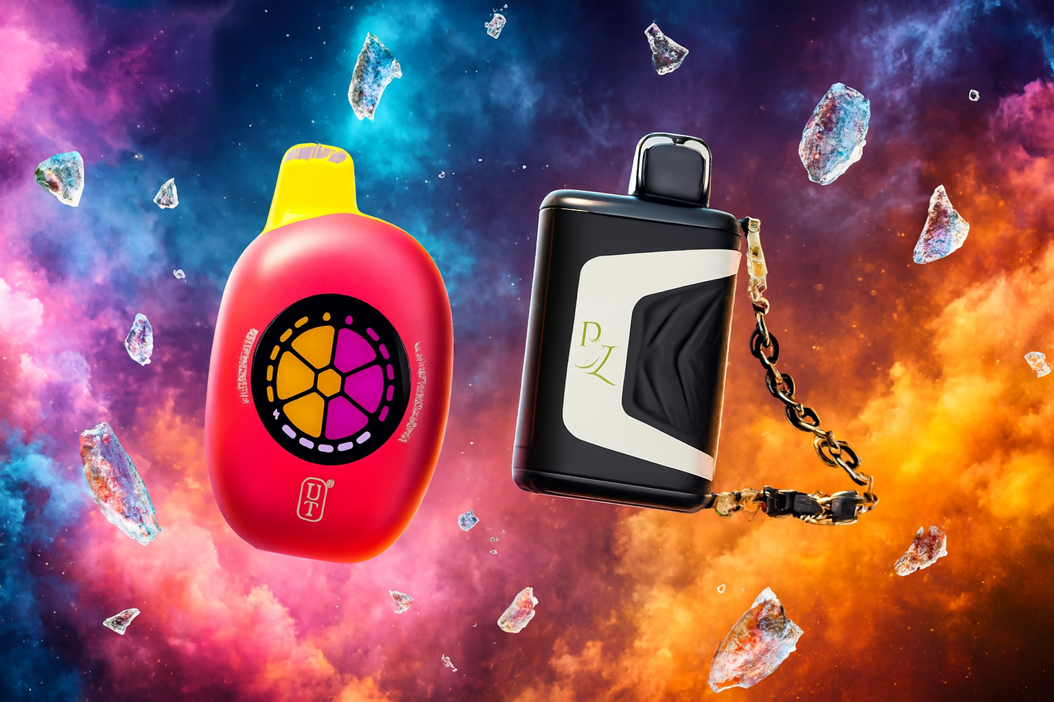 The photo shows two modern vape devices floating in a vibrant, cosmic-themed background filled with colorful nebula clouds and crystal-like fragments. The device on the left is red with a yellow mouthpiece and a circular design featuring orange and magenta segments, with the letters &ldquo;UT&rdquo; at the bottom. The device on the right is black with white and gold accents, marked with the letters &ldquo;PZ&rdquo; and a chain attached to its side. The surreal, space-inspired setting creates a futuristic and eye-catching atmosphere that emphasizes the bold design and appeal of the products.