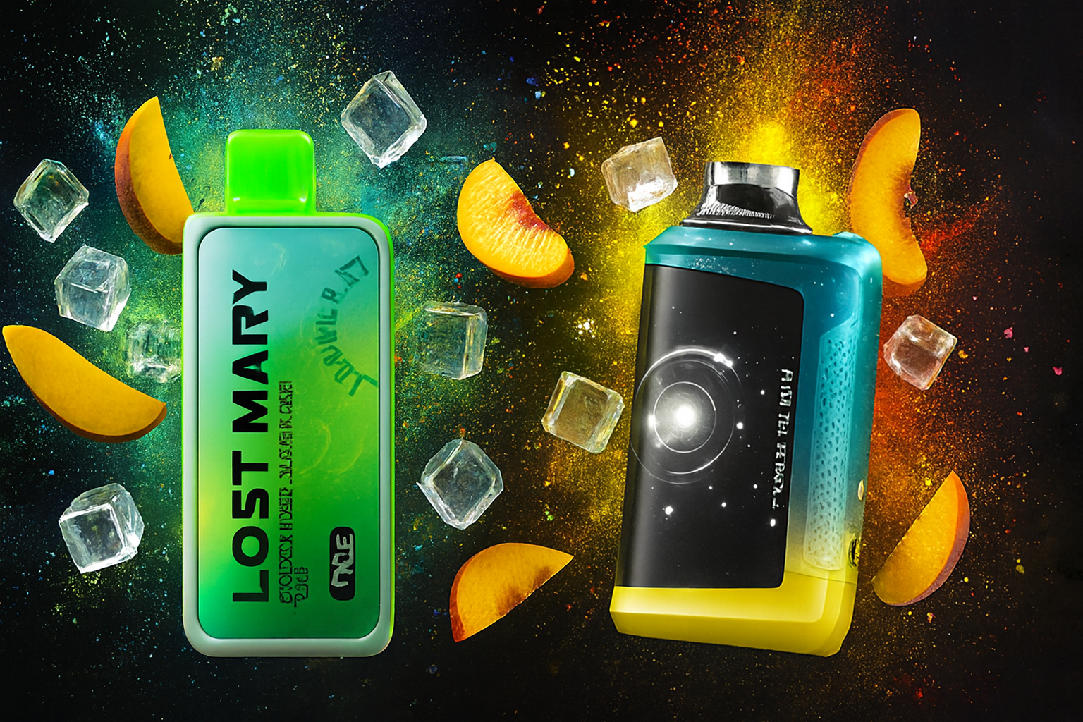 The photo shows two colorful vape devices set against a vibrant, cosmic-themed background filled with splashes of green, yellow, and orange. On the left is a sleek device labeled &ldquo;LOST MARY&rdquo; with the text &ldquo;SOUR RAZE BM600,&rdquo; featuring a green and blue gradient design. On the right is a futuristic-looking device with a black panel displaying a circular light pattern and the words &ldquo;LIMITED EDITION,&rdquo; combined with a blue and yellow gradient body. Surrounding them are peach slices and ice cubes, creating a dynamic, refreshing scene that emphasizes fruity flavors and bold modern design.
