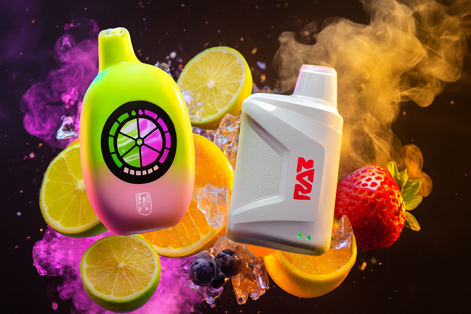 The photo shows two colorful vape devices surrounded by fruit slices, ice cubes, and clouds of vapor. The device on the left has a gradient design blending green and pink, with a circular citrus-like pattern illuminated on its front. The device on the right is sleek and white, featuring a bold red &ldquo;RAZ&rdquo; logo and two green indicator lights near the bottom. Around them are lemon and orange slices, strawberries, blueberries, and ice, set against a vibrant backdrop of purple and orange smoke, creating a lively and refreshing atmosphere that emphasizes fruity flavors.
