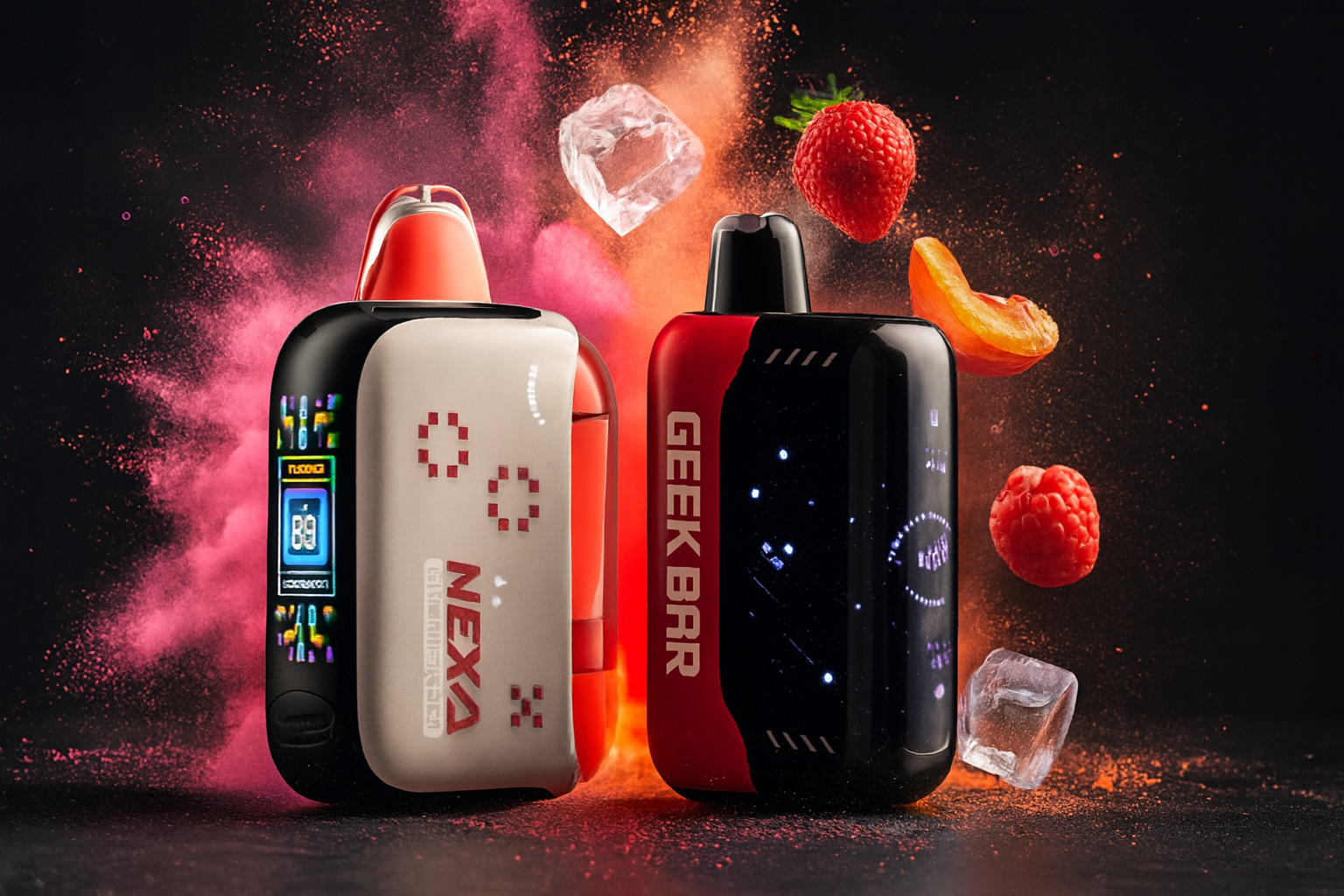 The photo shows two sleek vape devices displayed against a dark background with vibrant splashes of pink and orange powder. On the left, the "NEXA" device features a digital screen with icons and battery details, while on the right, the "GEEK BAR" stands out with a bold black and red illuminated design. Surrounding them are floating raspberries, a dried apricot slice, and ice cubes, highlighting a fruity and refreshing flavor theme.