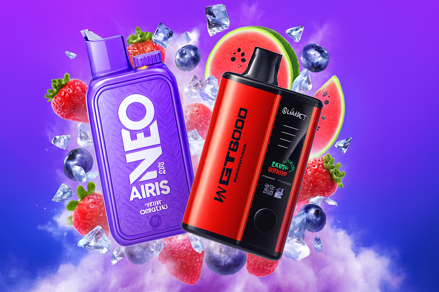 The photo shows two vibrant vape devices displayed against a purple background with fruit and ice accents. On the left is a purple device labeled “NEO AIRIS,” while the right one is red and black, marked “GT8000” with additional text including “OILADICT” and “GREEN GUAVA.” Surrounding them are strawberries, blueberries, watermelon slices, and ice cubes, creating a dynamic, refreshing scene that emphasizes the fruity flavor profiles and cool sensation these products are meant to convey.