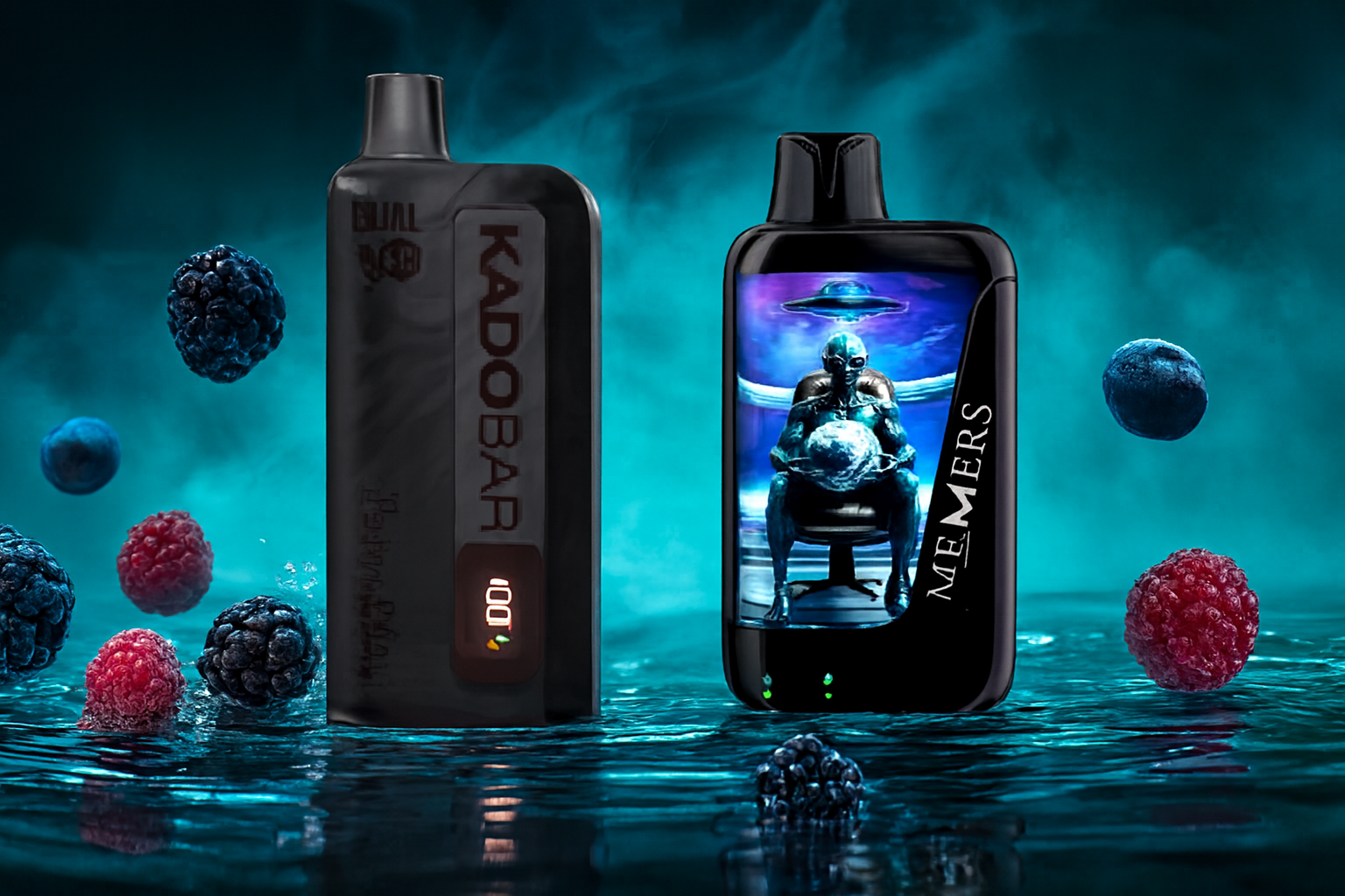 The photo shows two vape devices standing upright on a water-like surface surrounded by floating berries such as blackberries, raspberries, and blueberries. The left device, labeled "KADOBAR," features a digital display showing "100" with a battery icon, while the right device has a sci-fi design with an alien figure holding a glowing orb, a UFO above it, and the word "MEMERS" along the side. The smoky teal background adds a futuristic, surreal atmosphere that contrasts natural elements with high-tech visuals.