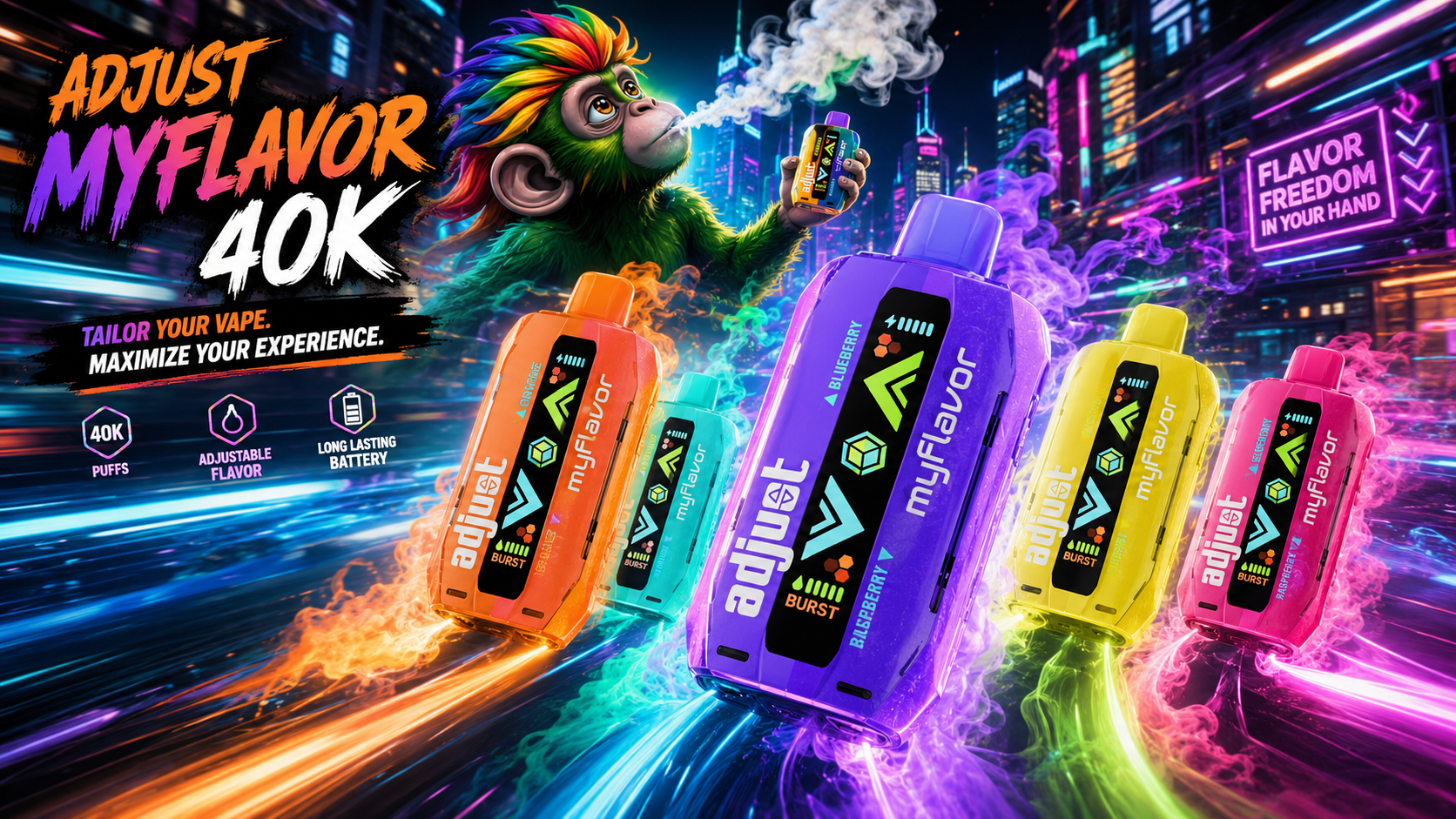 Colorful myflavor vape devices with neon city backdrop and stylized monkey mascot holding one device