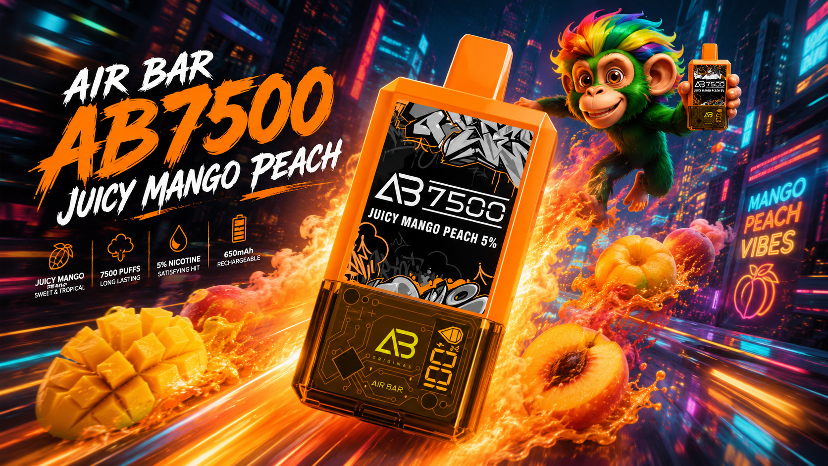 Bright orange Air Bar AB7500 vape with Juicy Mango Peach flavor