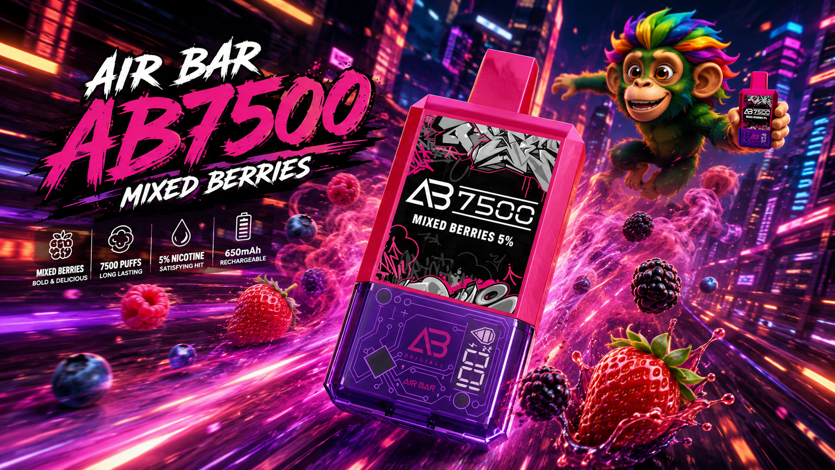 Bright pink and purple vape device with mixed berry design