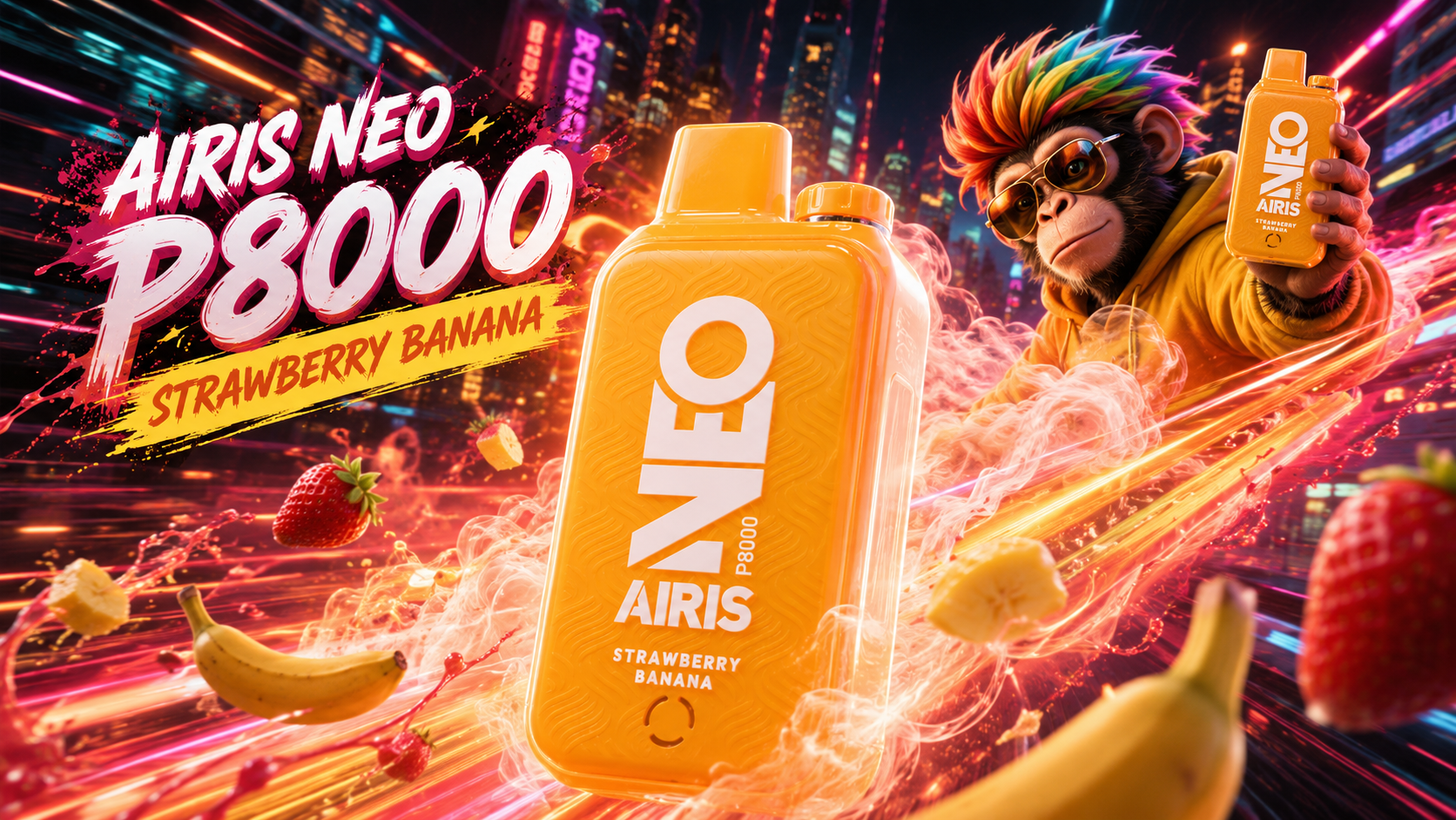 Orange AIRIS NEO P8000 device with strawberry banana flavor