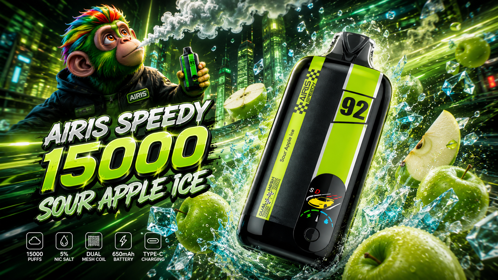 Green Airis Speedy 15000 vape with Sour Apple Ice flavor, dual mesh system, and sleek black‑green design