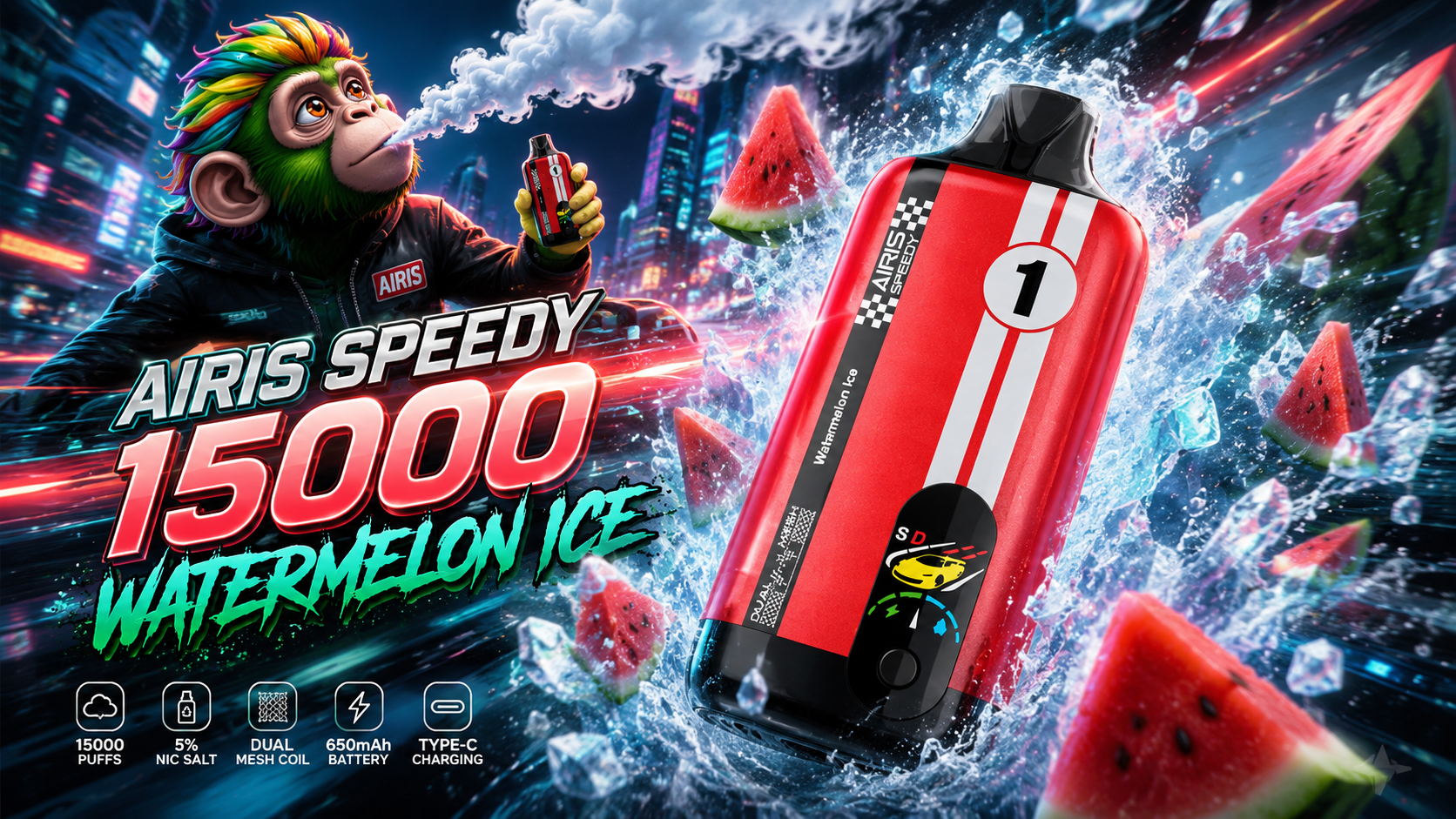 Red Airis Speedy 15000 vape with watermelon ice flavor, racing design, and monkey mascot in neon city background