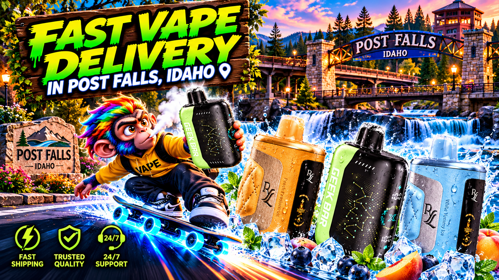 Colorful devices with cool water splashes and glowing motion trails set against scenic Post Falls, Idaho.