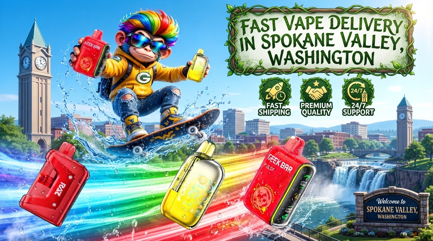 Colorful devices with water splashes and bright motion trails against a scenic Spokane Valley backdrop.