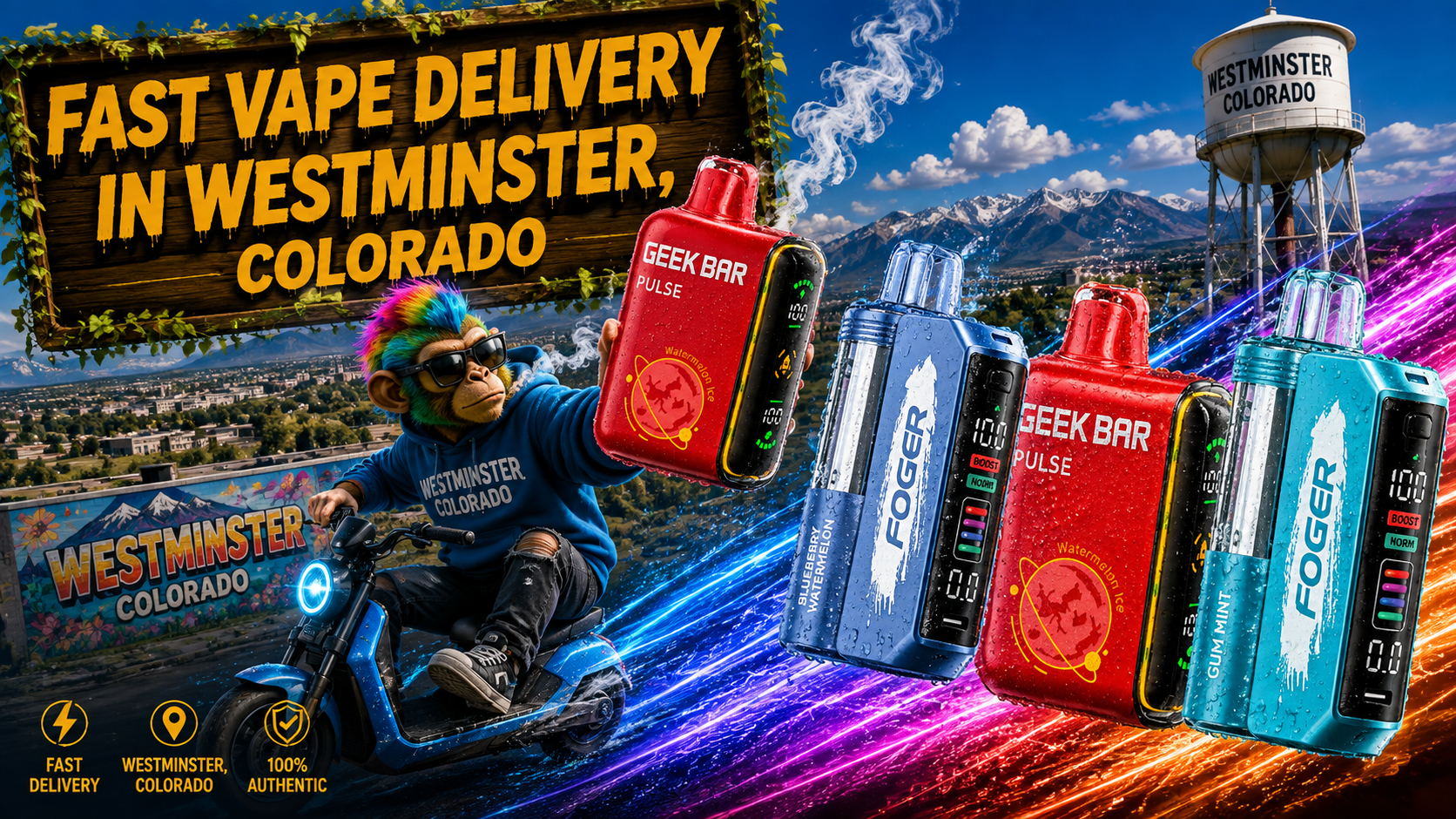 Vibrant Vape Devices Over Westminster, Colorado Skyline Red and blue vape devices with water droplets, vivid light trails, and a scenic Westminster mountain backdrop.