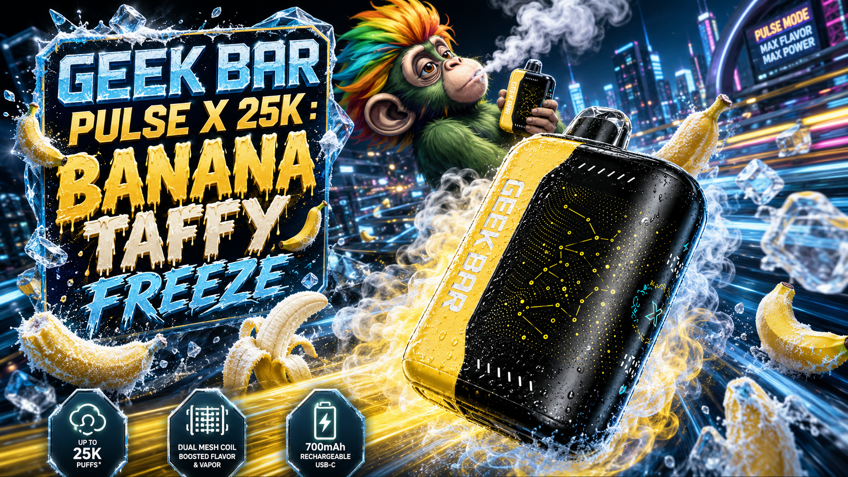 Geek Bar Pulse X 25K Banana Taffy Freeze disposable vape with bananas, ice cubes, and swirling vapor effects.