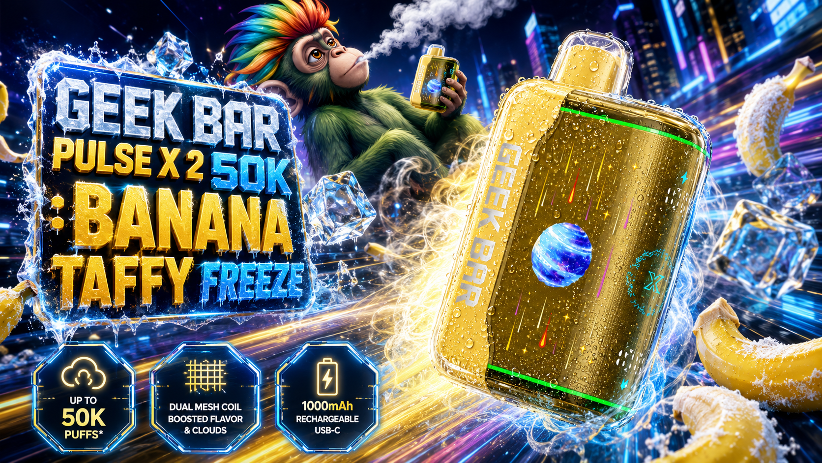Geek Bar Pulse X 2 50K Banana Taffy Freeze disposable vape with frosted bananas, ice cubes, and swirling vapor effects.