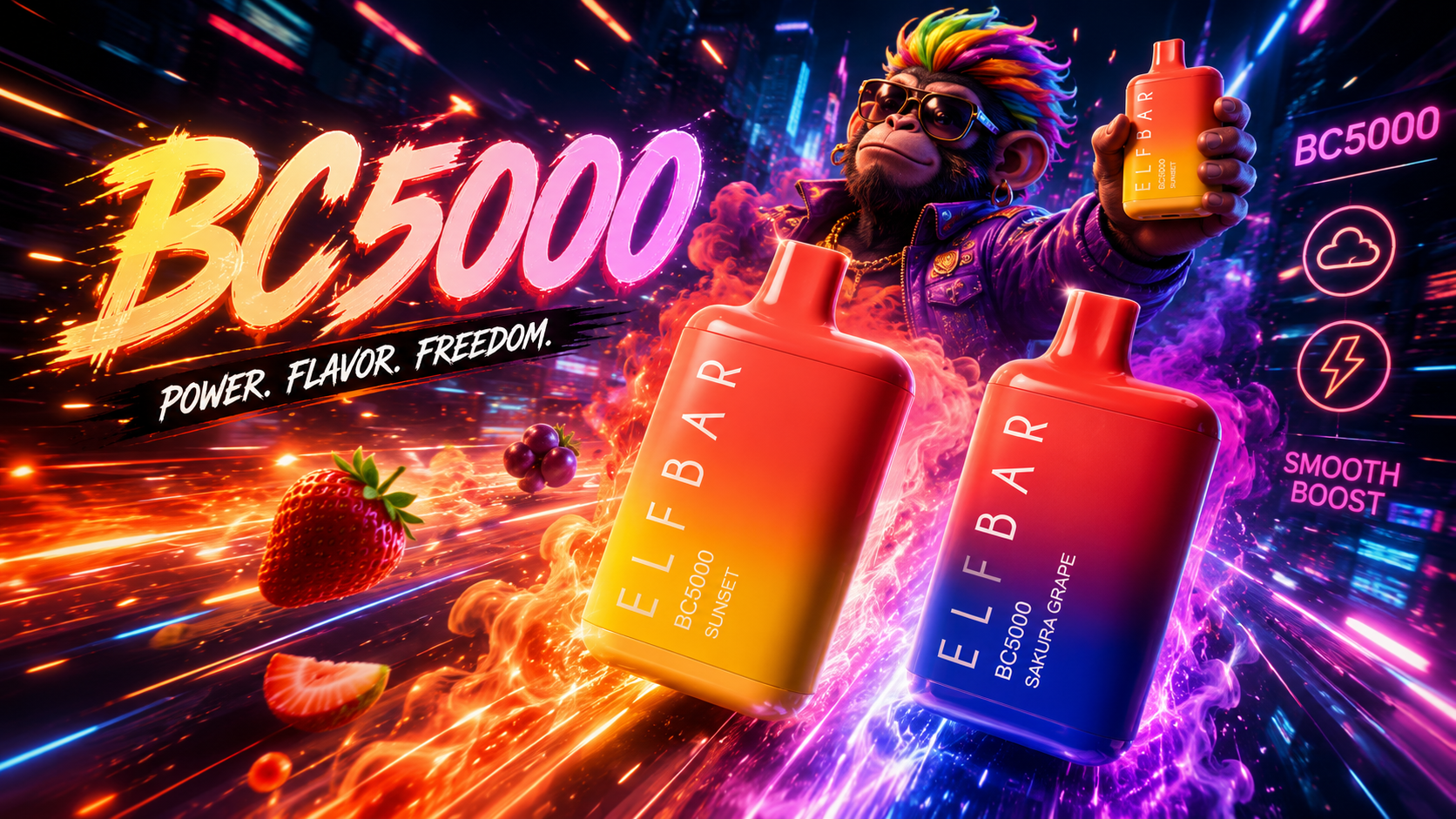 EBDesign BC5000 disposable device in vibrant gradient colors with berry, sakura grape, and strawberry watermelon flavors
