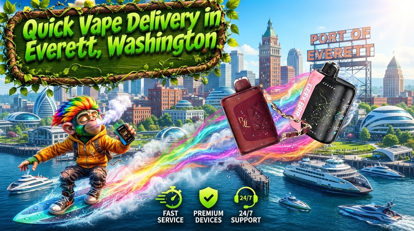 Colorful berry flavor devices with mint leaves, rainbow effects, and a vibrant Everett waterfront backdrop.