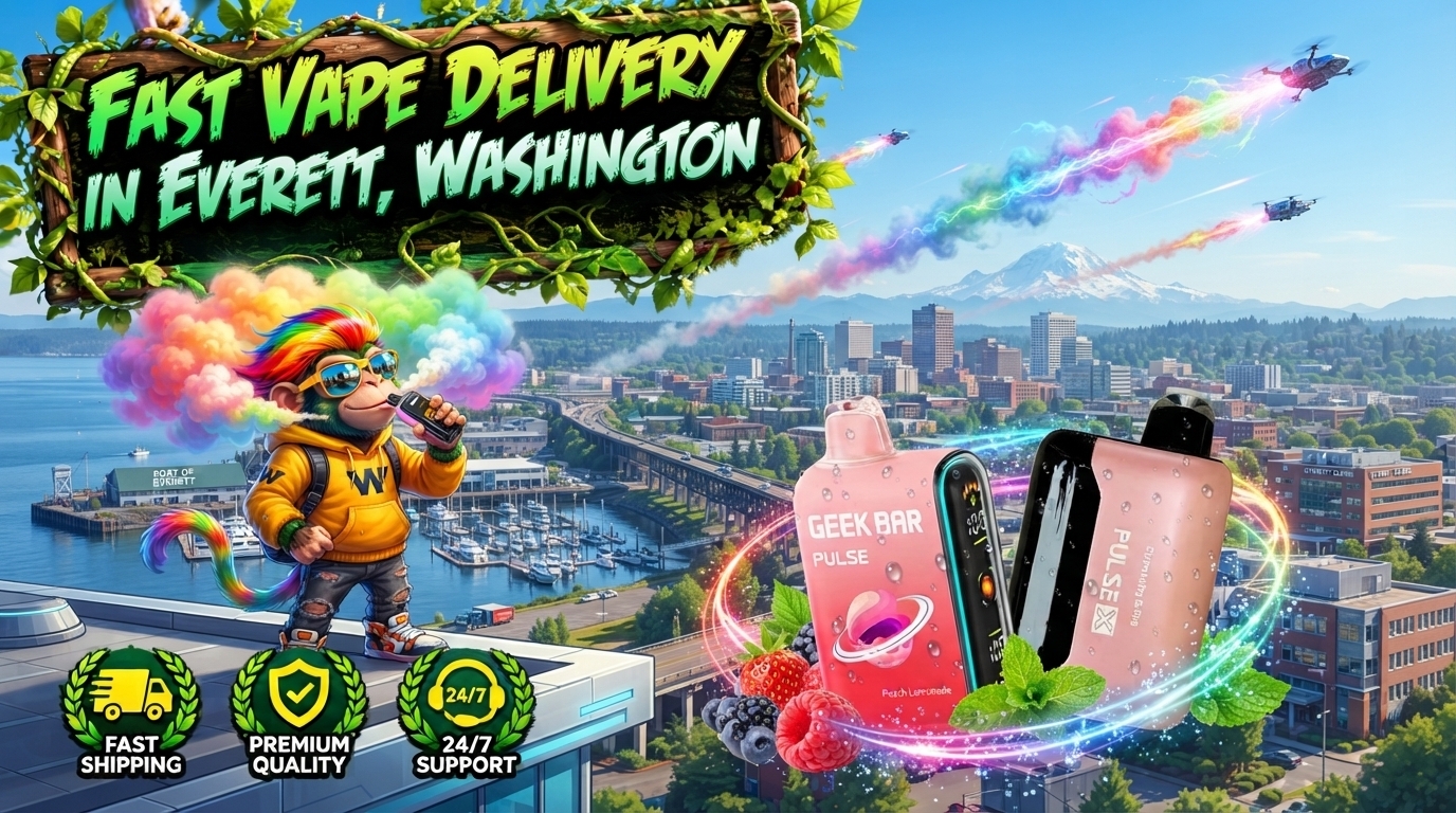 Colorful berry flavor devices with mint accents, vibrant effects, and an Everett waterfront city backdrop.