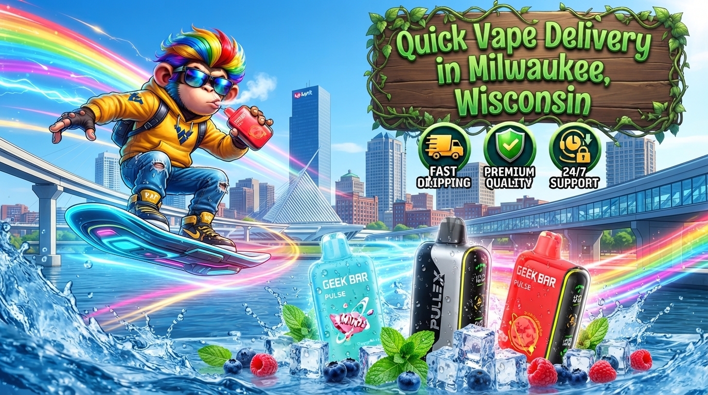 Colorful berry flavor devices with ice cubes, mint leaves, rainbow trails, and a vibrant Milwaukee skyline backdrop.