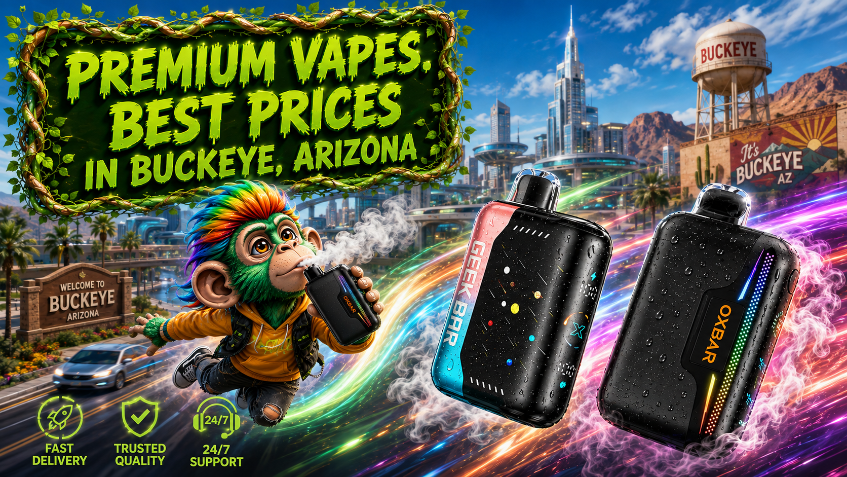 Premium Disposable Vapes in Buckeye, Arizona Premium disposable vape devices with a fast delivery theme and Buckeye skyline in a vibrant promotional city illustration.