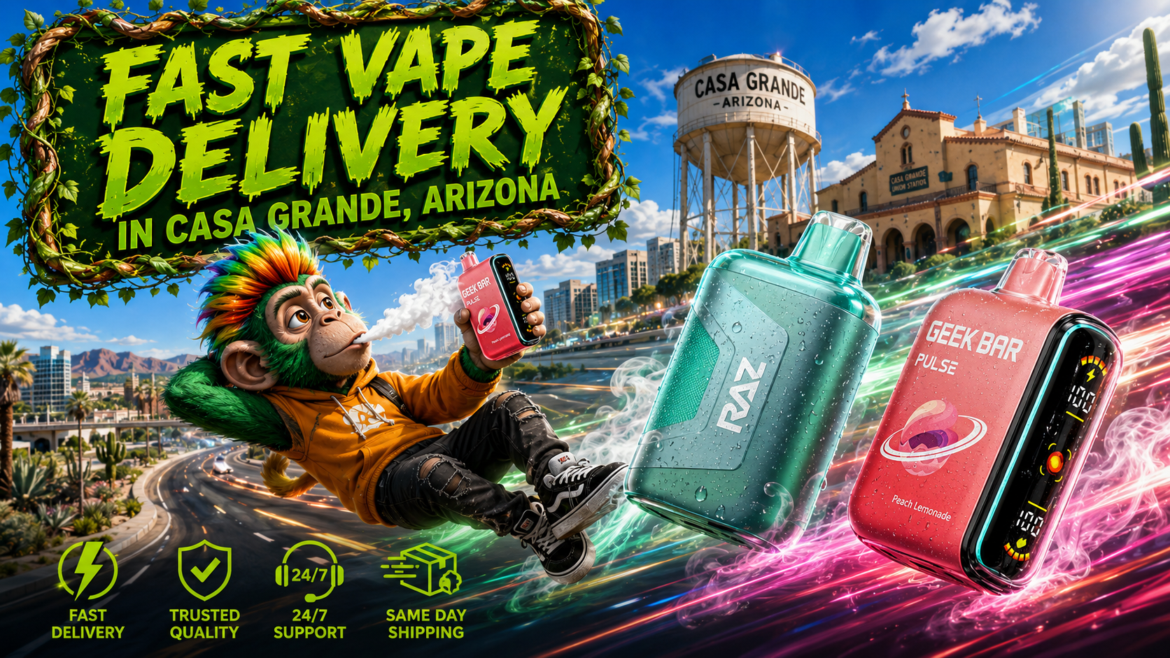 Fast Disposable Vape Delivery in Casa Grande, Arizona Disposable vape devices with colorful design and fast delivery theme in Casa Grande, Arizona city background.