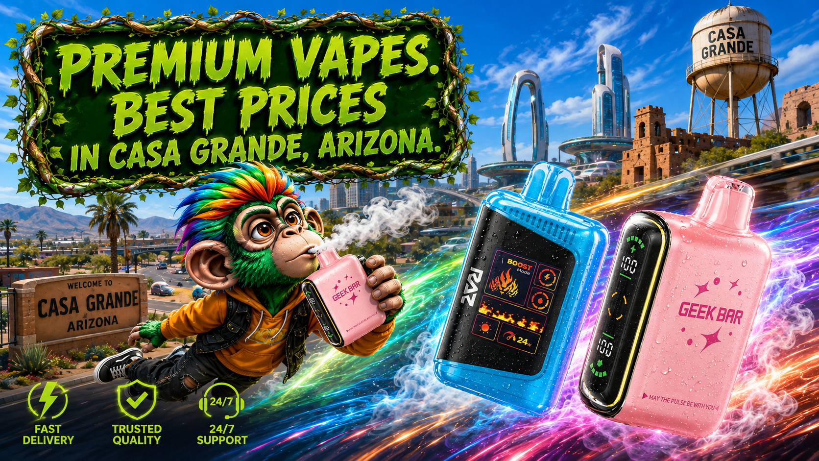 Premium Disposable Vapes in Casa Grande, Arizona Premium disposable vape devices with a colorful city backdrop and fast delivery theme in Casa Grande, Arizona.