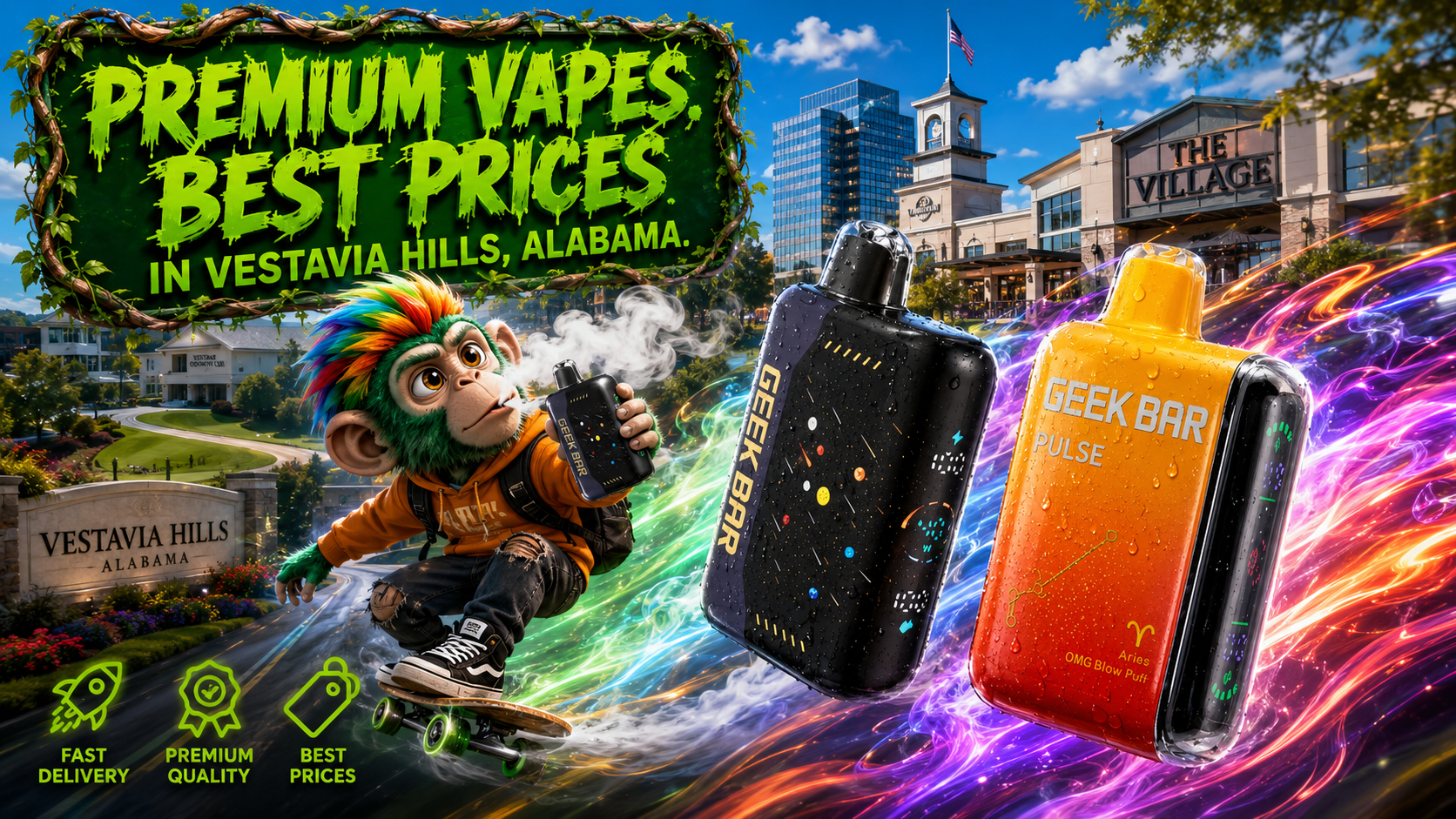 Colorful Disposable Vape Devices with Dynamic City Scene Two colorful disposable vape devices with water droplets, glowing energy trails, and a vibrant urban background.